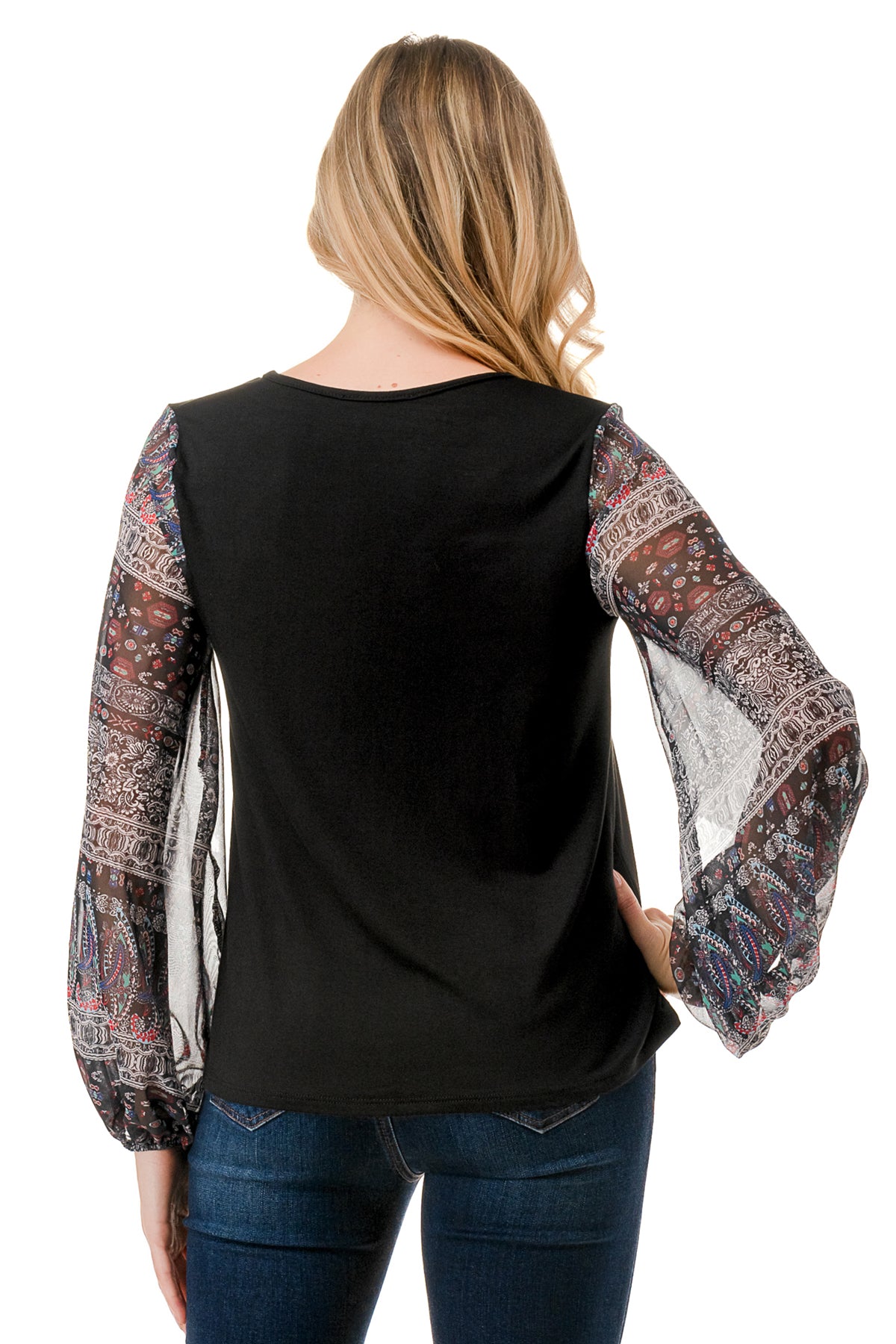 NORAH BUBBLE SLEEVE TOP (BLACK / VINTAGE BOHO)- VT3023S