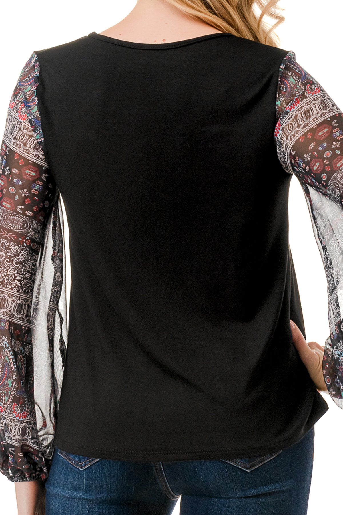 NORAH BUBBLE SLEEVE TOP (BLACK / VINTAGE BOHO)- VT3023S