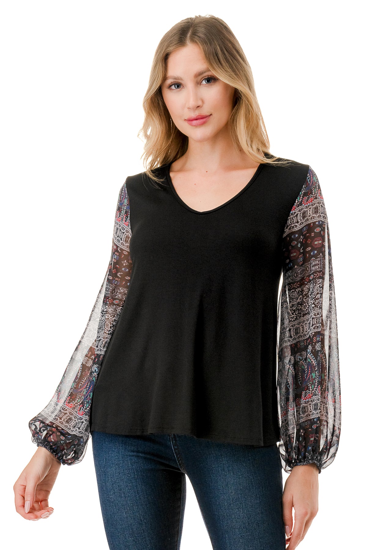 NORAH BUBBLE SLEEVE TOP (BLACK / VINTAGE BOHO)- VT3023S