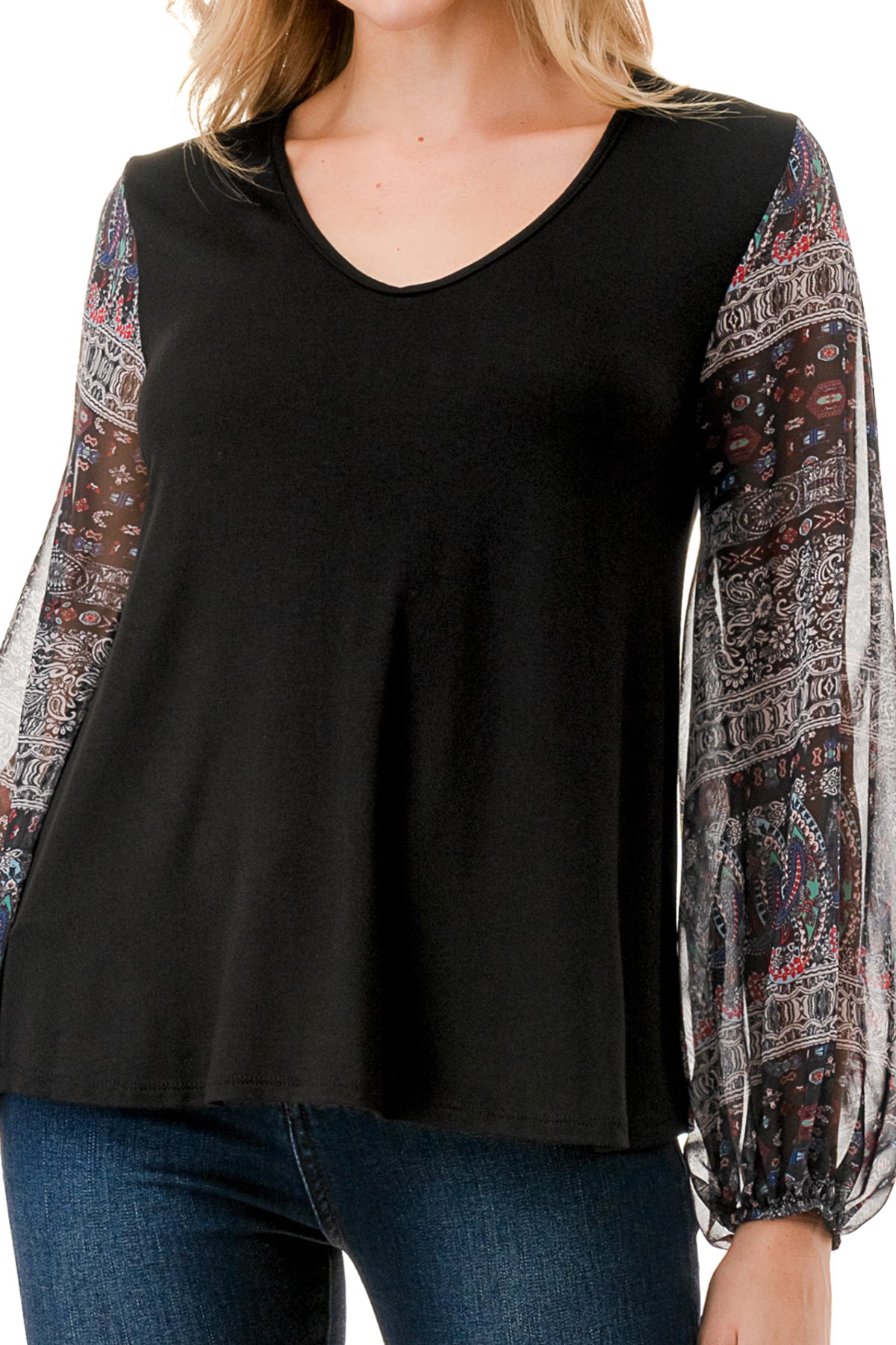 NORAH BUBBLE SLEEVE TOP (BLACK / VINTAGE BOHO)- VT3023S