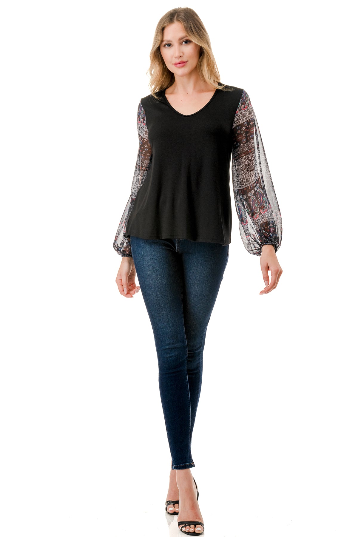 NORAH BUBBLE SLEEVE TOP (BLACK / VINTAGE BOHO)- VT3023S