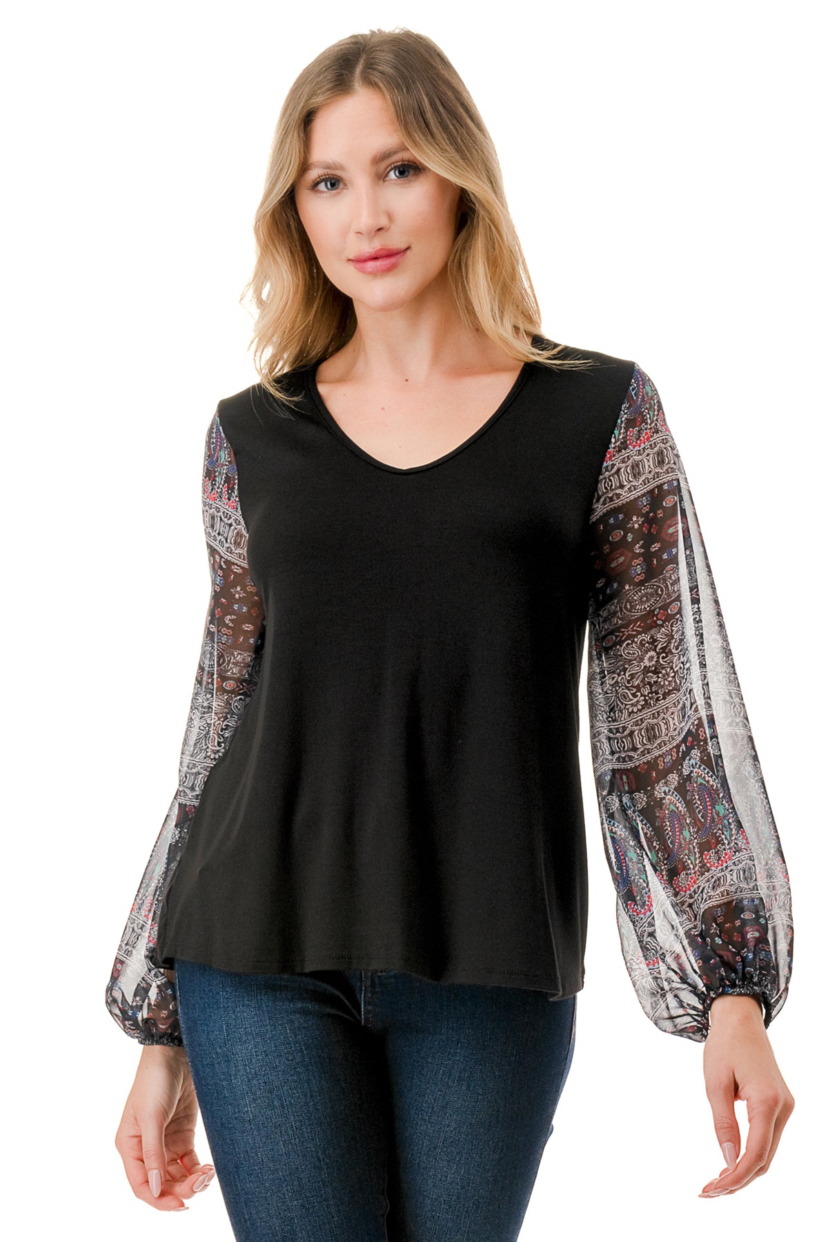 NORAH BUBBLE SLEEVE TOP (BLACK / VINTAGE BOHO)- VT3023S