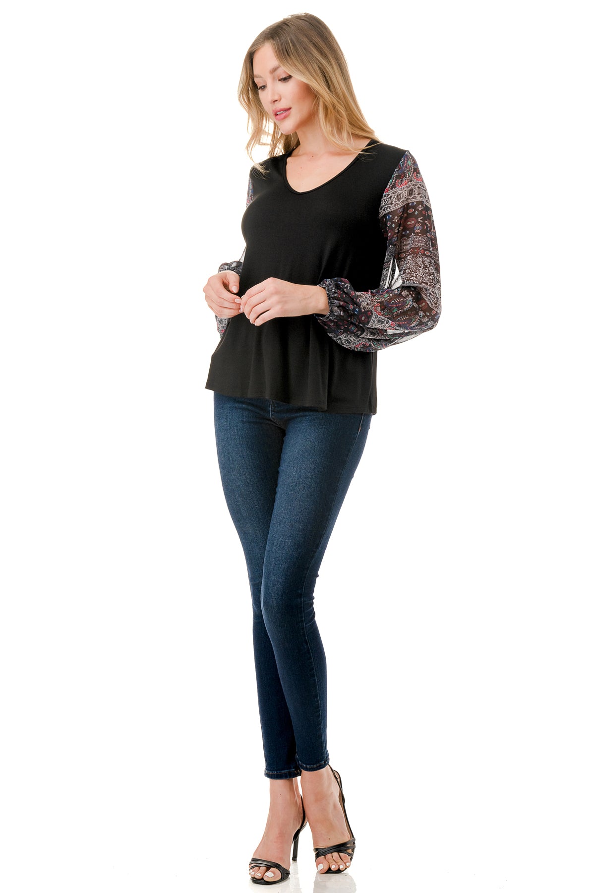 NORAH BUBBLE SLEEVE TOP (BLACK / VINTAGE BOHO)- VT3023S
