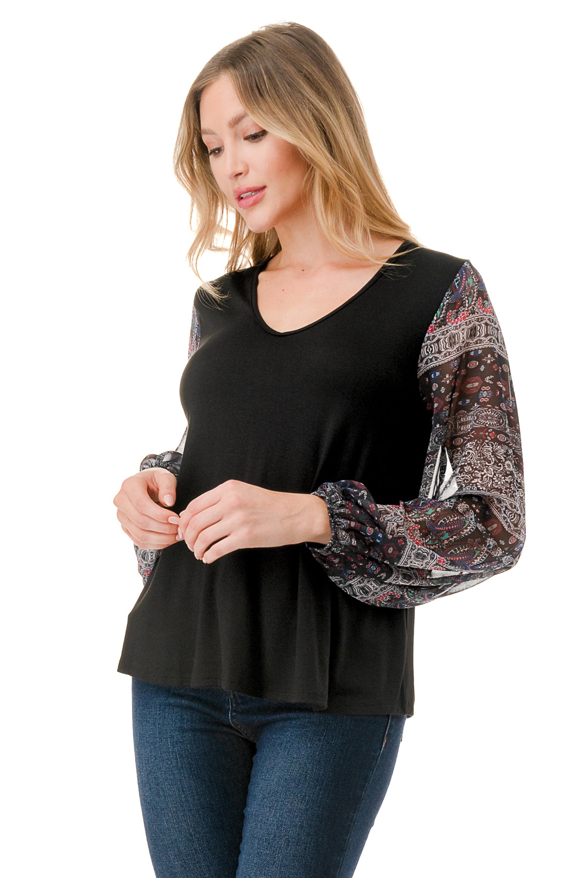 NORAH BUBBLE SLEEVE TOP (BLACK / VINTAGE BOHO)- VT3023S
