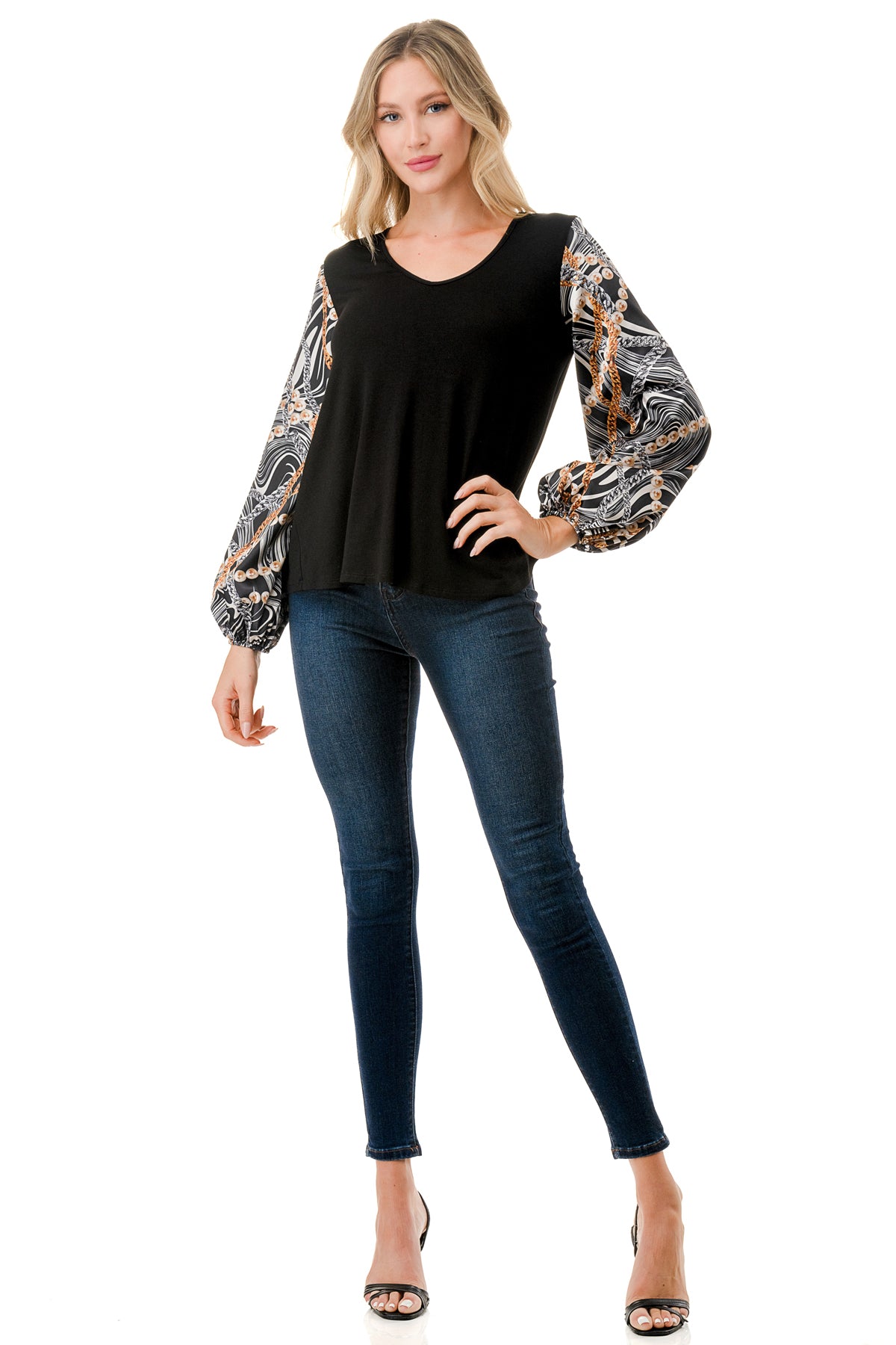 NORAH BUBBLE SLEEVE TOP (BLACK / WAVE BLACK CHAIN)- VT3023S