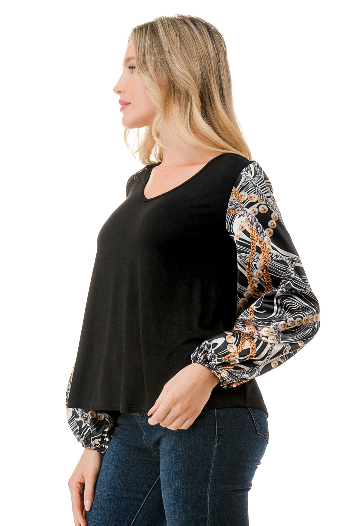 NORAH BUBBLE SLEEVE TOP (BLACK / WAVE BLACK CHAIN)- VT3023S