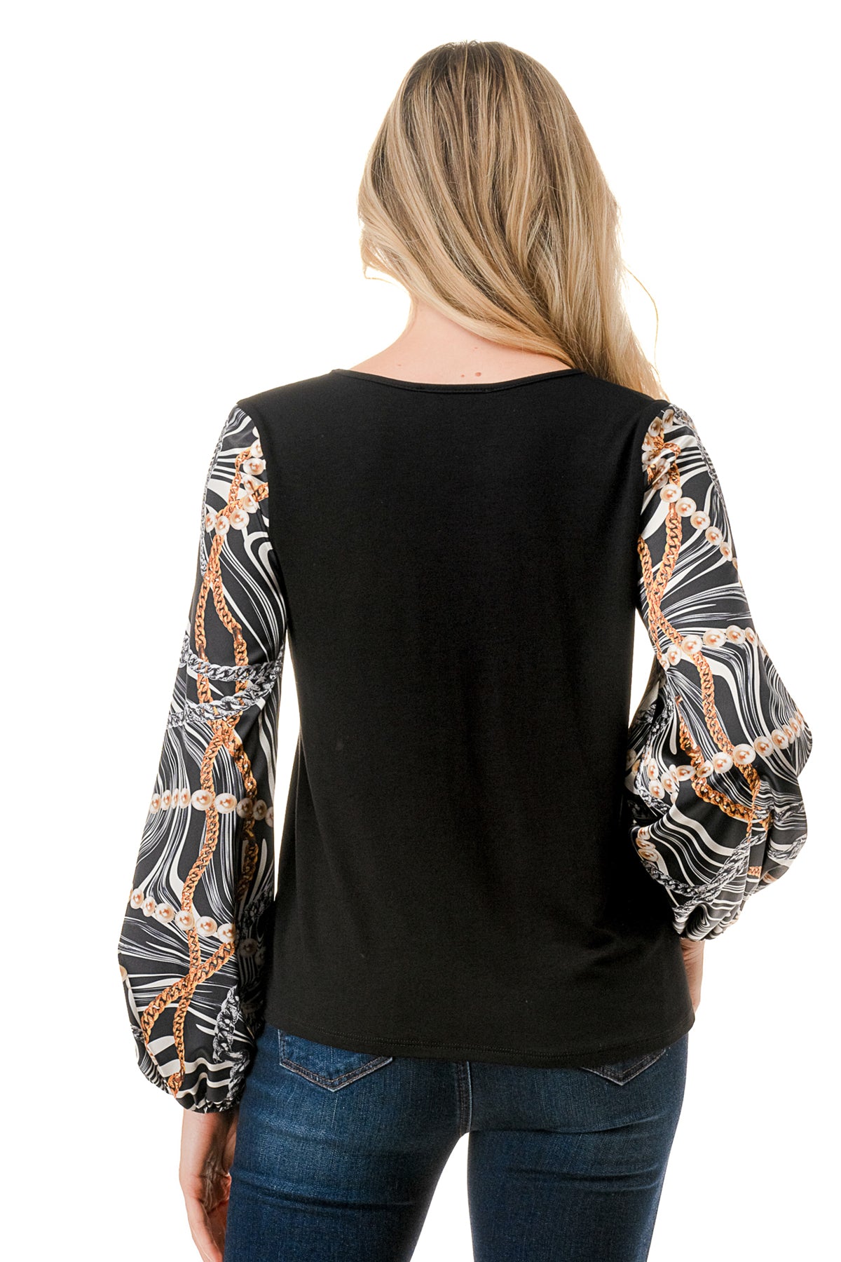 NORAH BUBBLE SLEEVE TOP (BLACK / WAVE BLACK CHAIN)- VT3023S