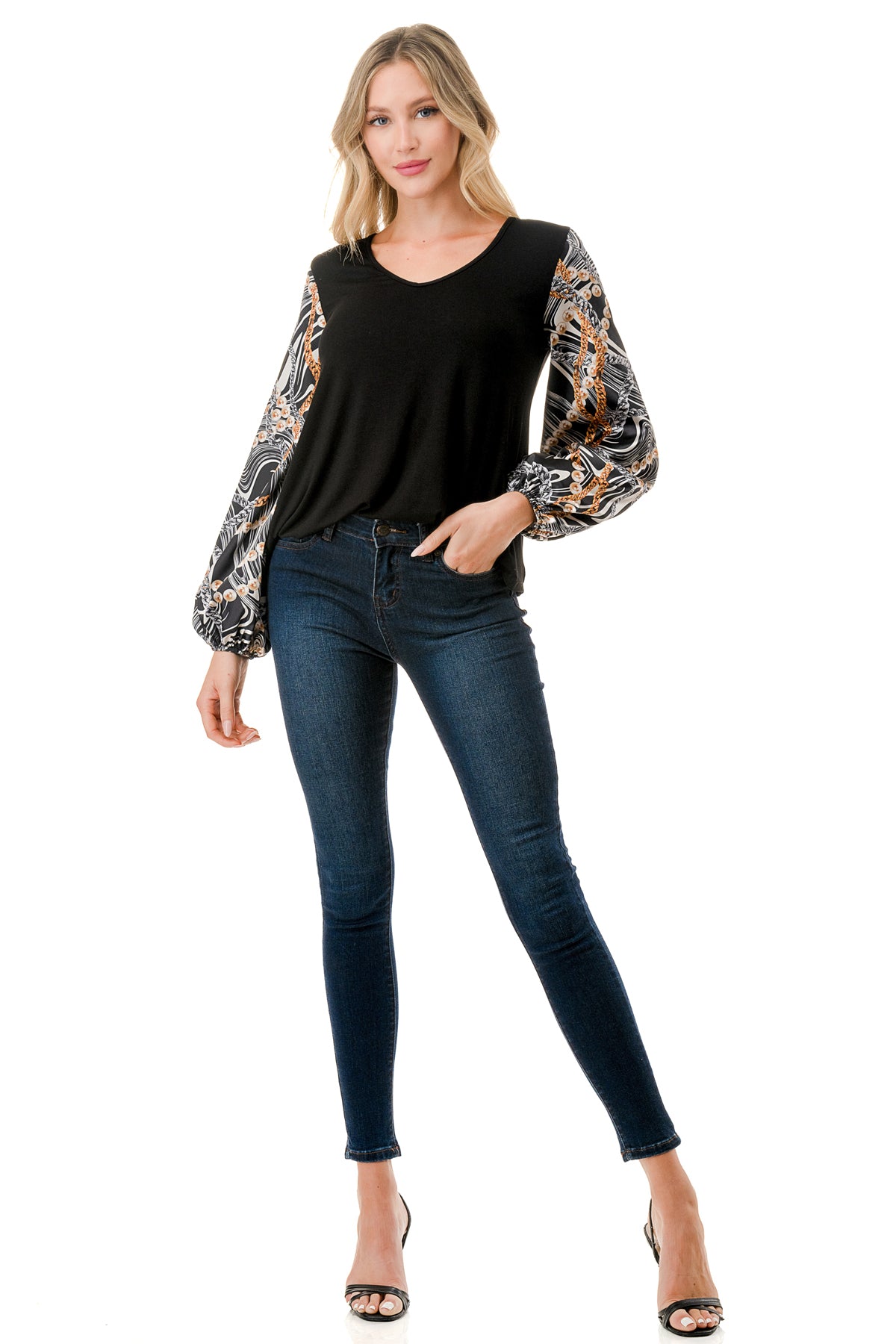 NORAH BUBBLE SLEEVE TOP (BLACK / WAVE BLACK CHAIN)- VT3023S