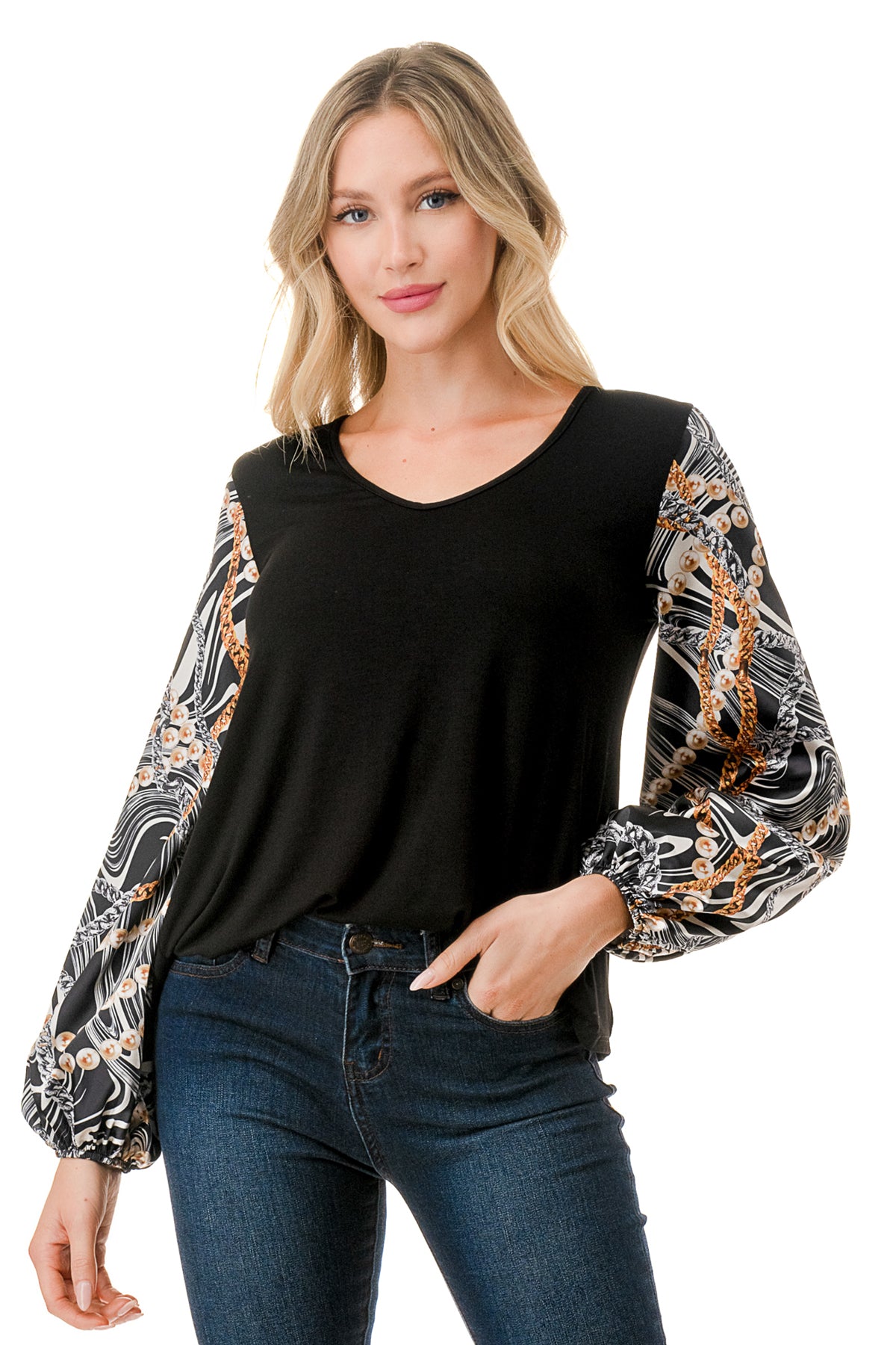 NORAH BUBBLE SLEEVE TOP (BLACK / WAVE BLACK CHAIN)- VT3023S