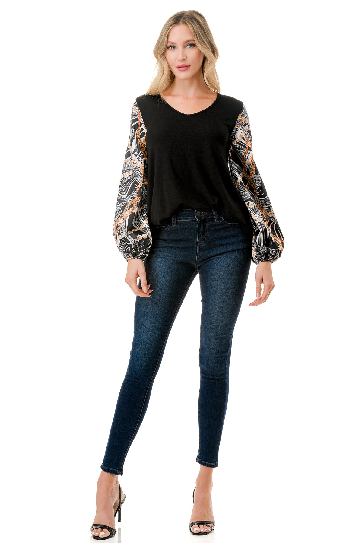 NORAH BUBBLE SLEEVE TOP (BLACK / WAVE BLACK CHAIN)- VT3023S