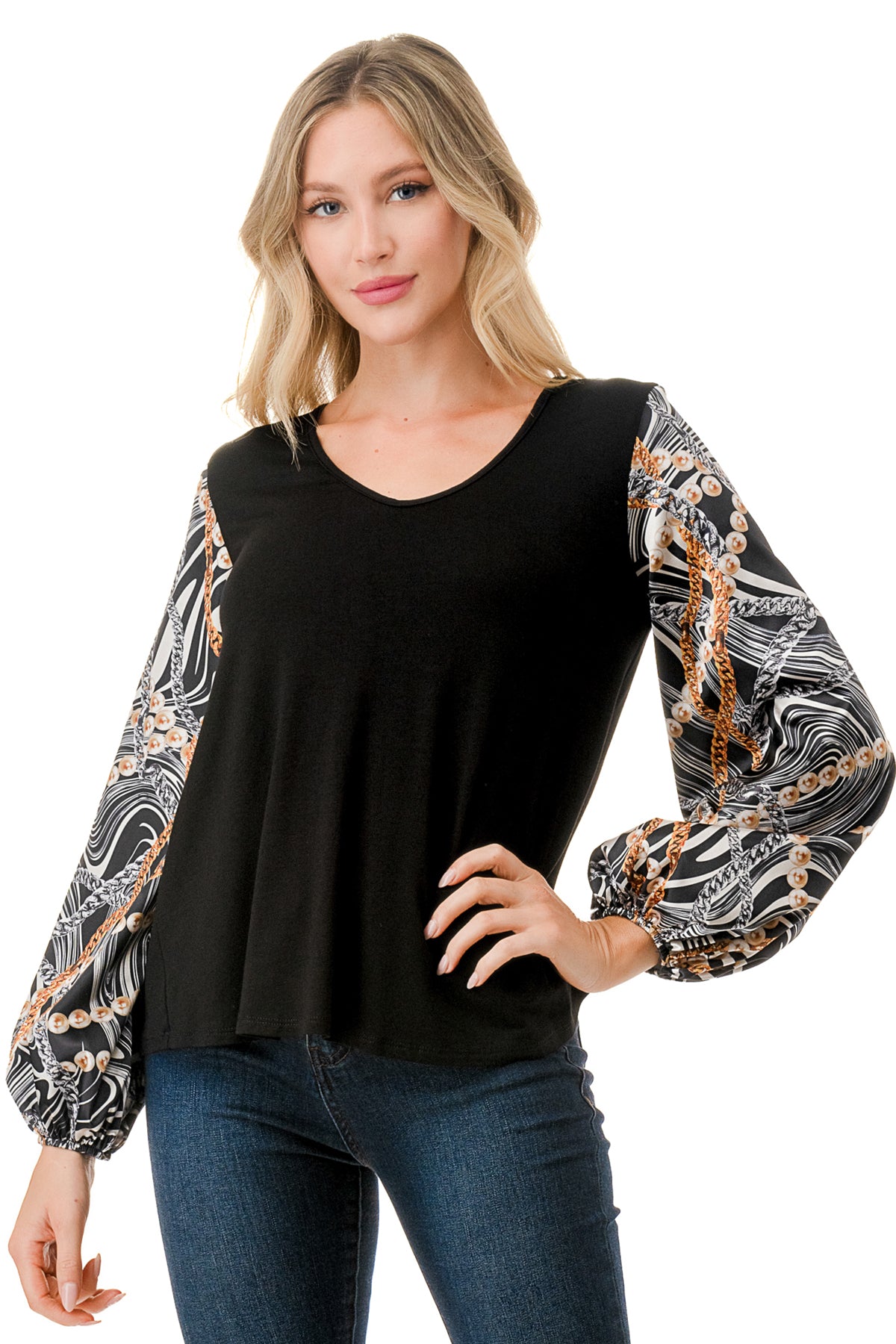 NORAH BUBBLE SLEEVE TOP (BLACK / WAVE BLACK CHAIN)- VT3023S