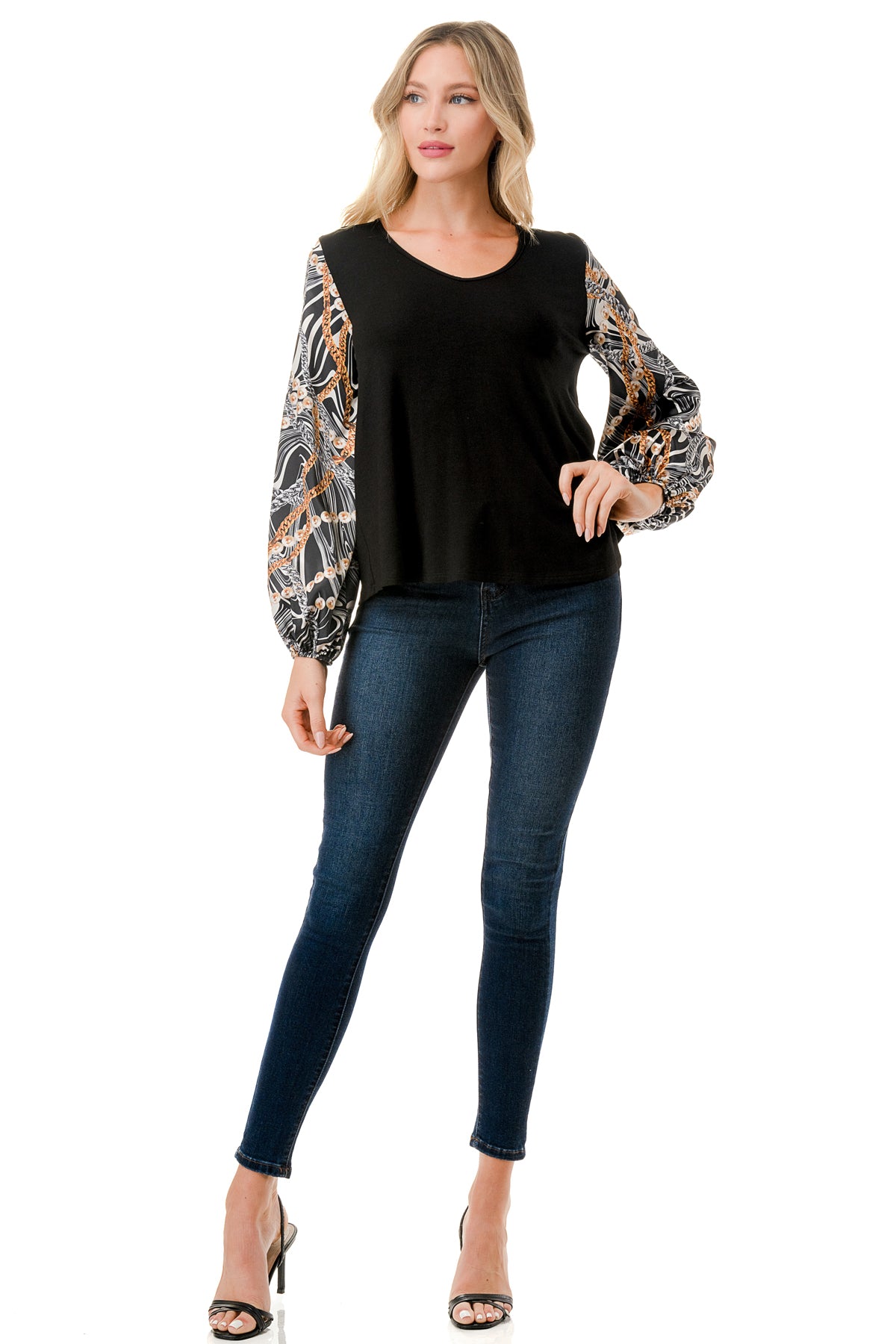 NORAH BUBBLE SLEEVE TOP (BLACK / WAVE BLACK CHAIN)- VT3023S