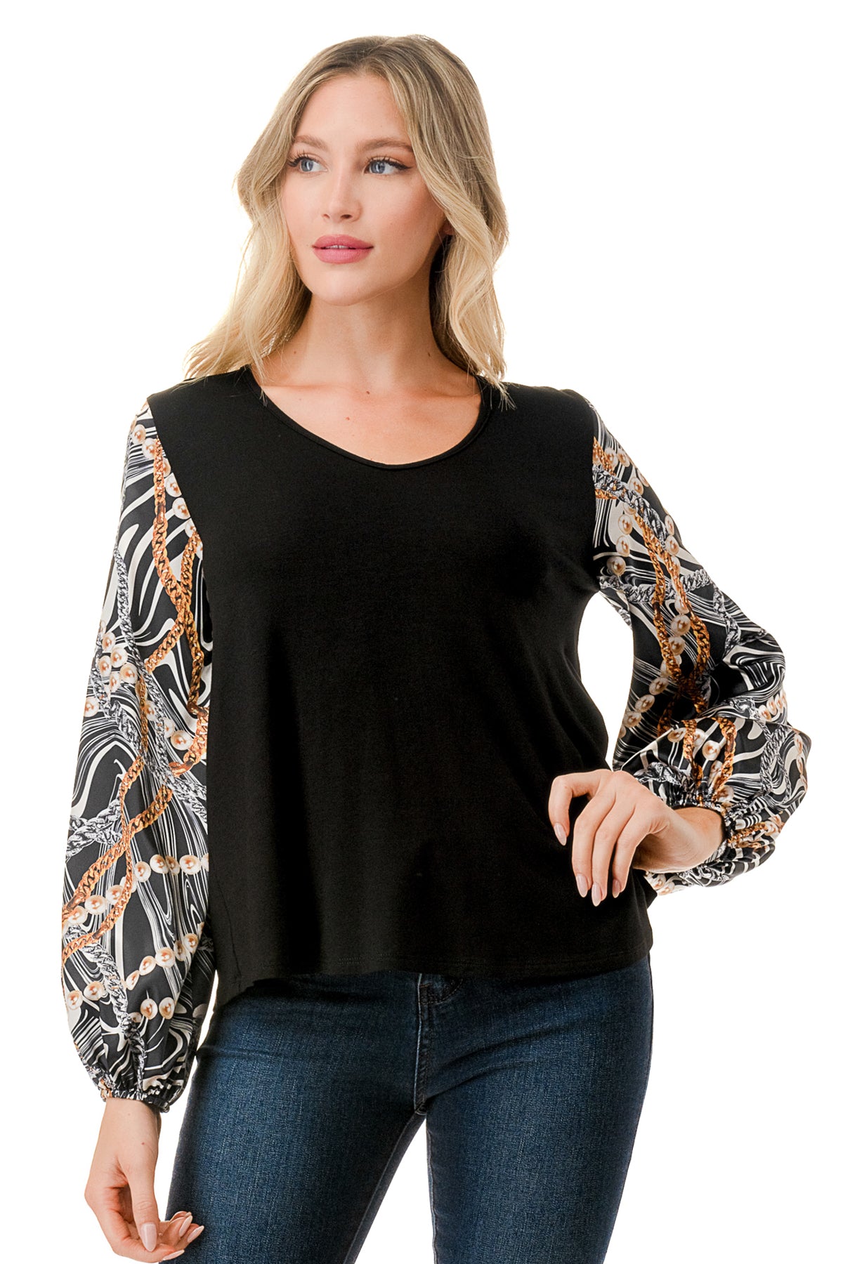 NORAH BUBBLE SLEEVE TOP (BLACK / WAVE BLACK CHAIN)- VT3023S