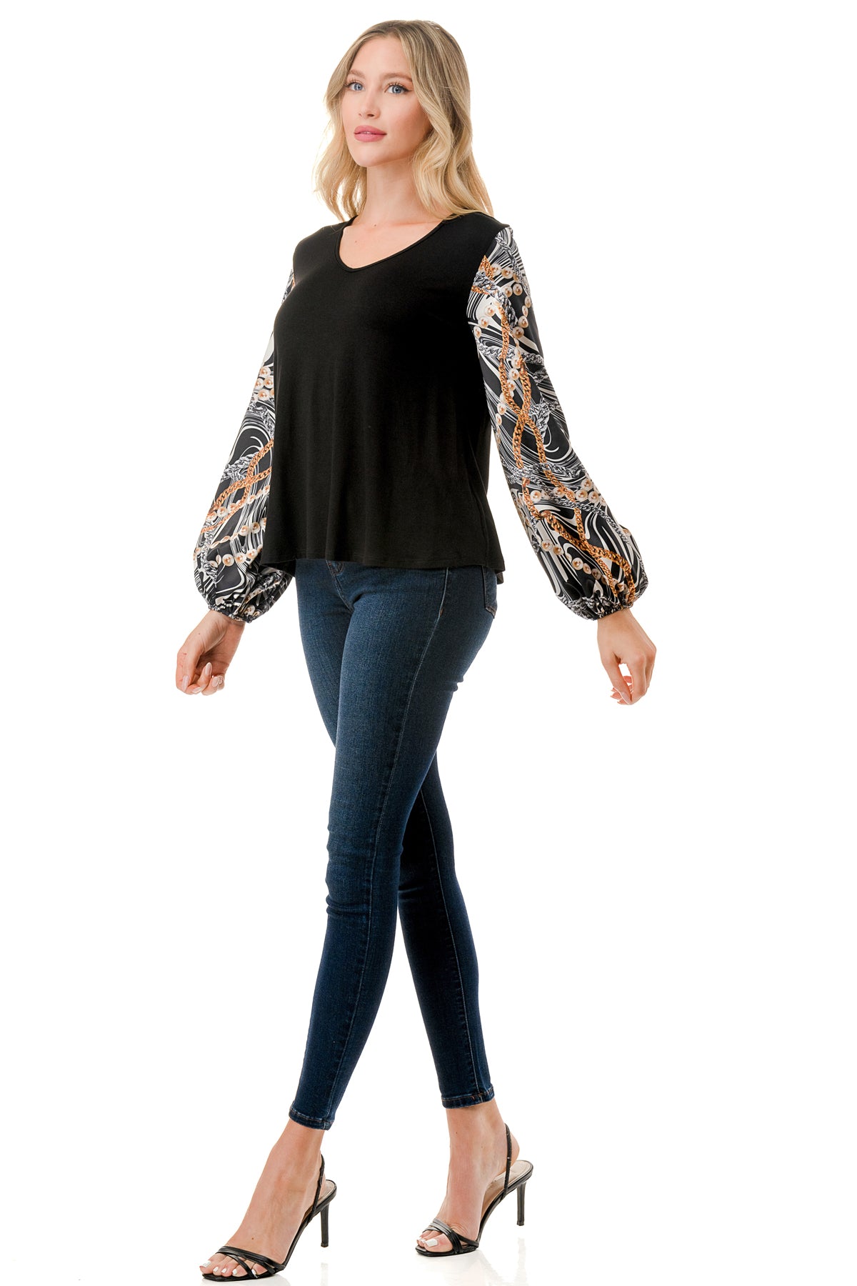 NORAH BUBBLE SLEEVE TOP (BLACK / WAVE BLACK CHAIN)- VT3023S