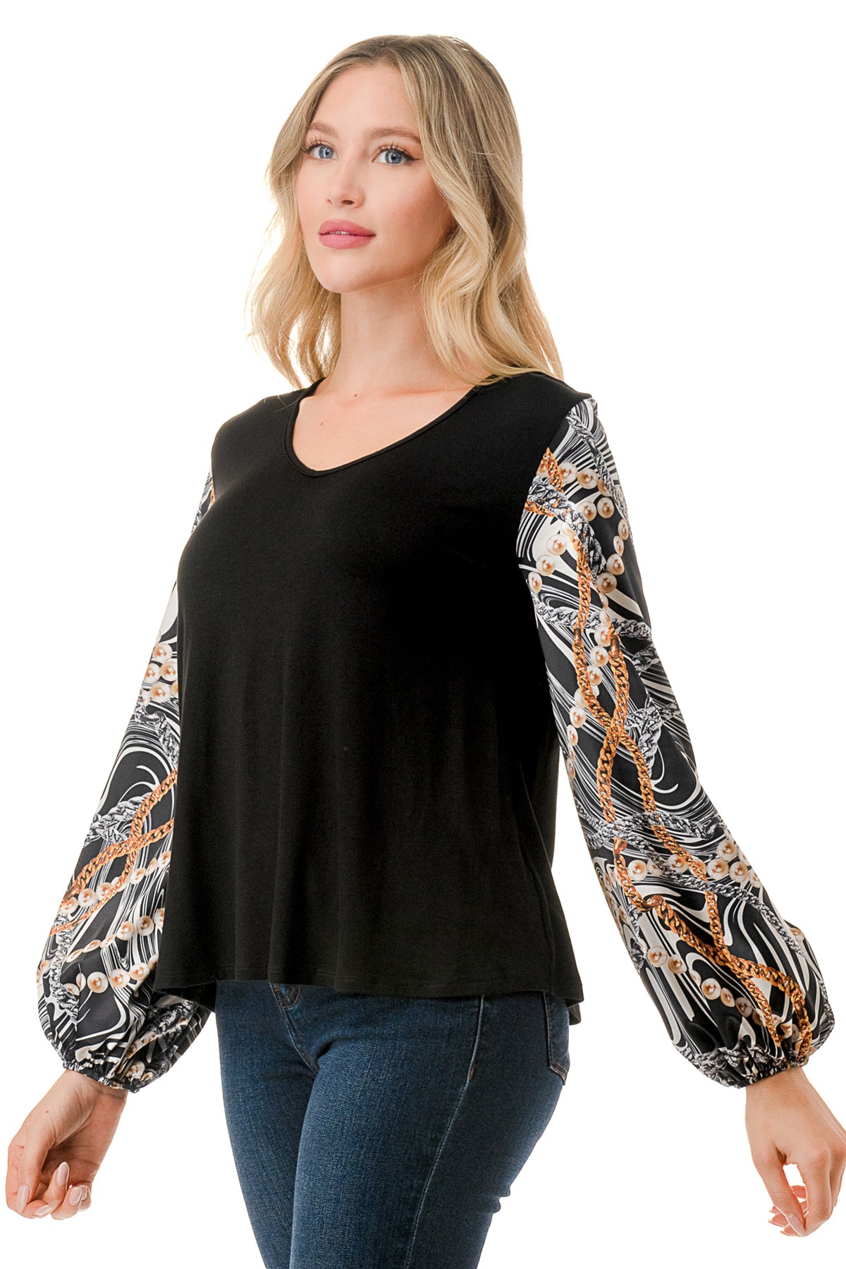 NORAH BUBBLE SLEEVE TOP (BLACK / WAVE BLACK CHAIN)- VT3023S