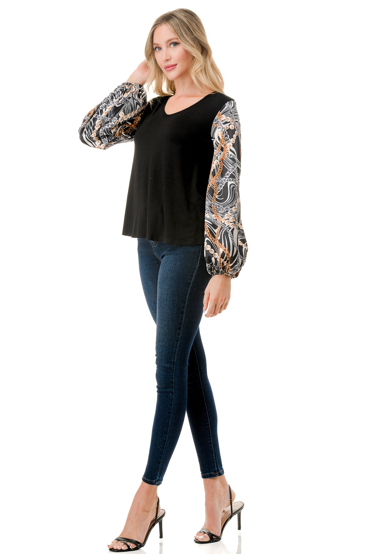 NORAH BUBBLE SLEEVE TOP (BLACK / WAVE BLACK CHAIN)- VT3023S