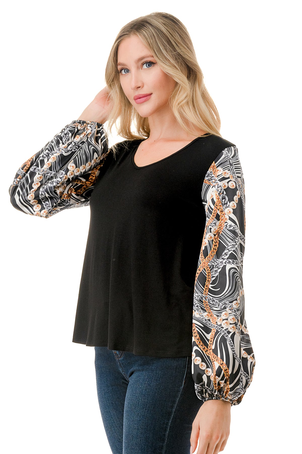 NORAH BUBBLE SLEEVE TOP (BLACK / WAVE BLACK CHAIN)- VT3023S