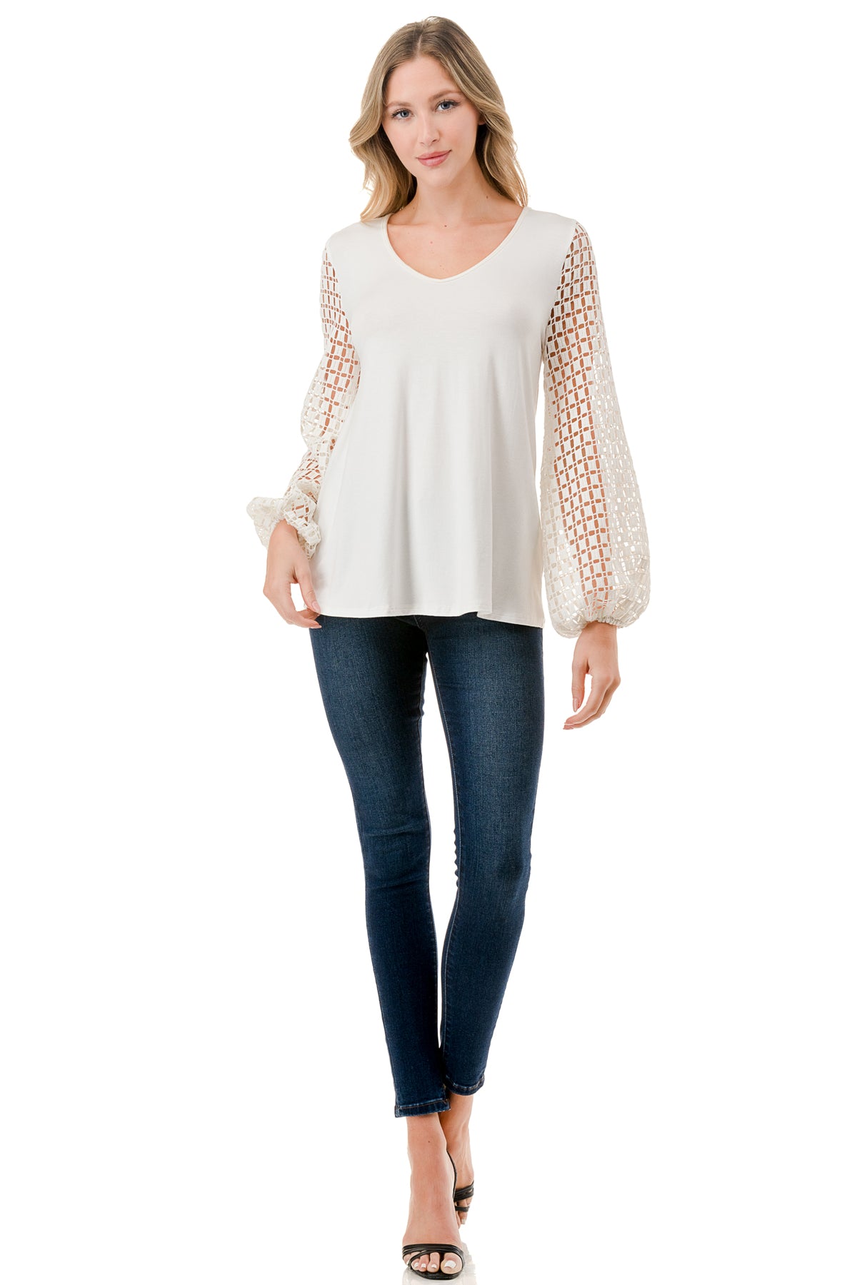 NORAH BUBBLE SLEEVE TOP (IVORY / IVORY SQUARE LACE)- VT3023S