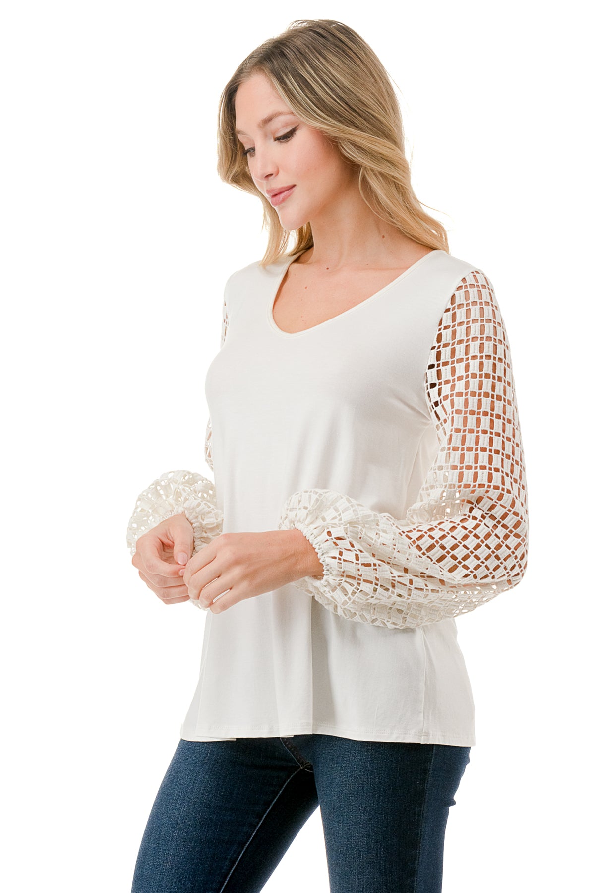 NORAH BUBBLE SLEEVE TOP (IVORY / IVORY SQUARE LACE)- VT3023S