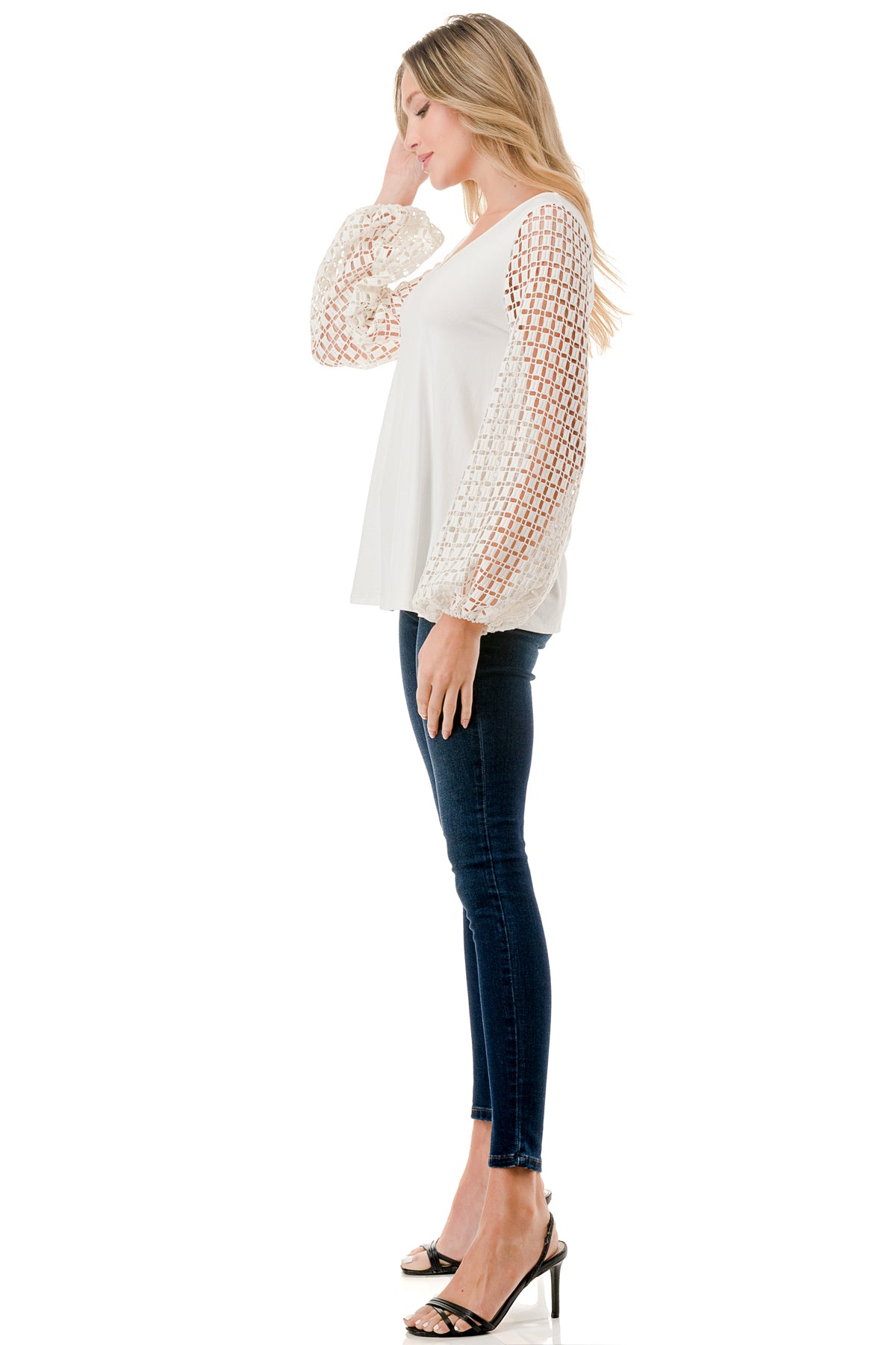 NORAH BUBBLE SLEEVE TOP (IVORY / IVORY SQUARE LACE)- VT3023S