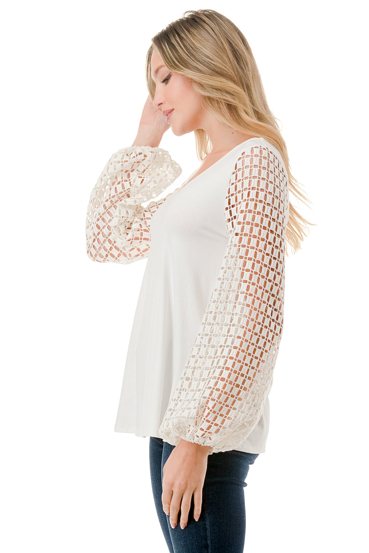 NORAH BUBBLE SLEEVE TOP (IVORY / IVORY SQUARE LACE)- VT3023S