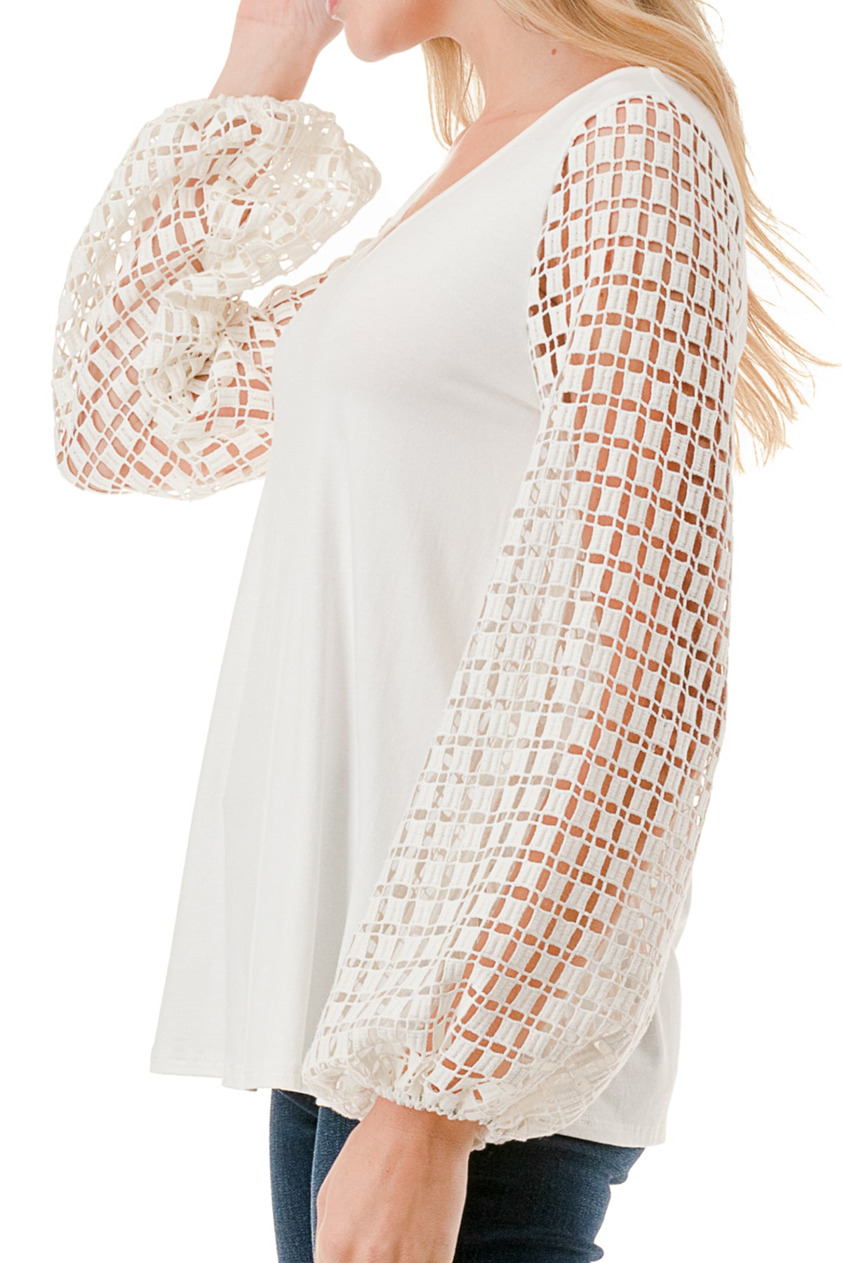 NORAH BUBBLE SLEEVE TOP (IVORY / IVORY SQUARE LACE)- VT3023S