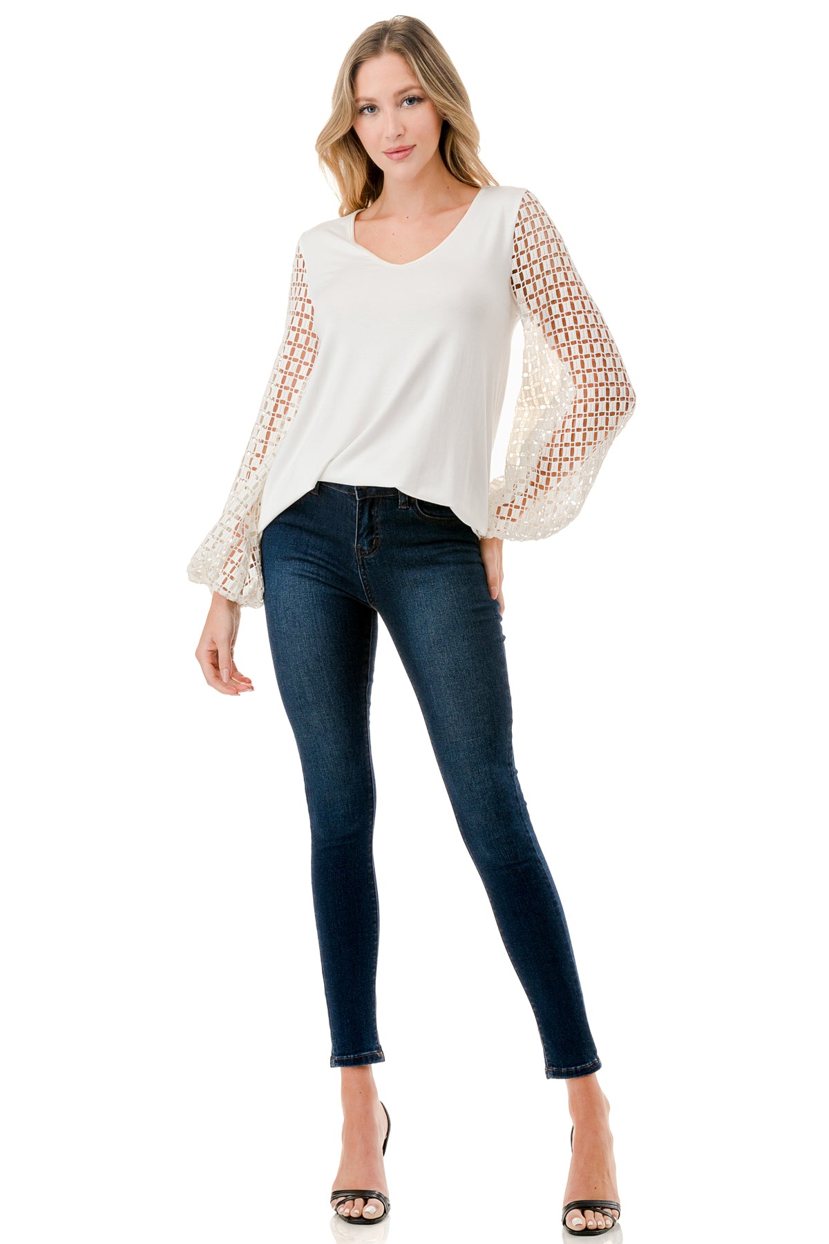 NORAH BUBBLE SLEEVE TOP (IVORY / IVORY SQUARE LACE)- VT3023S