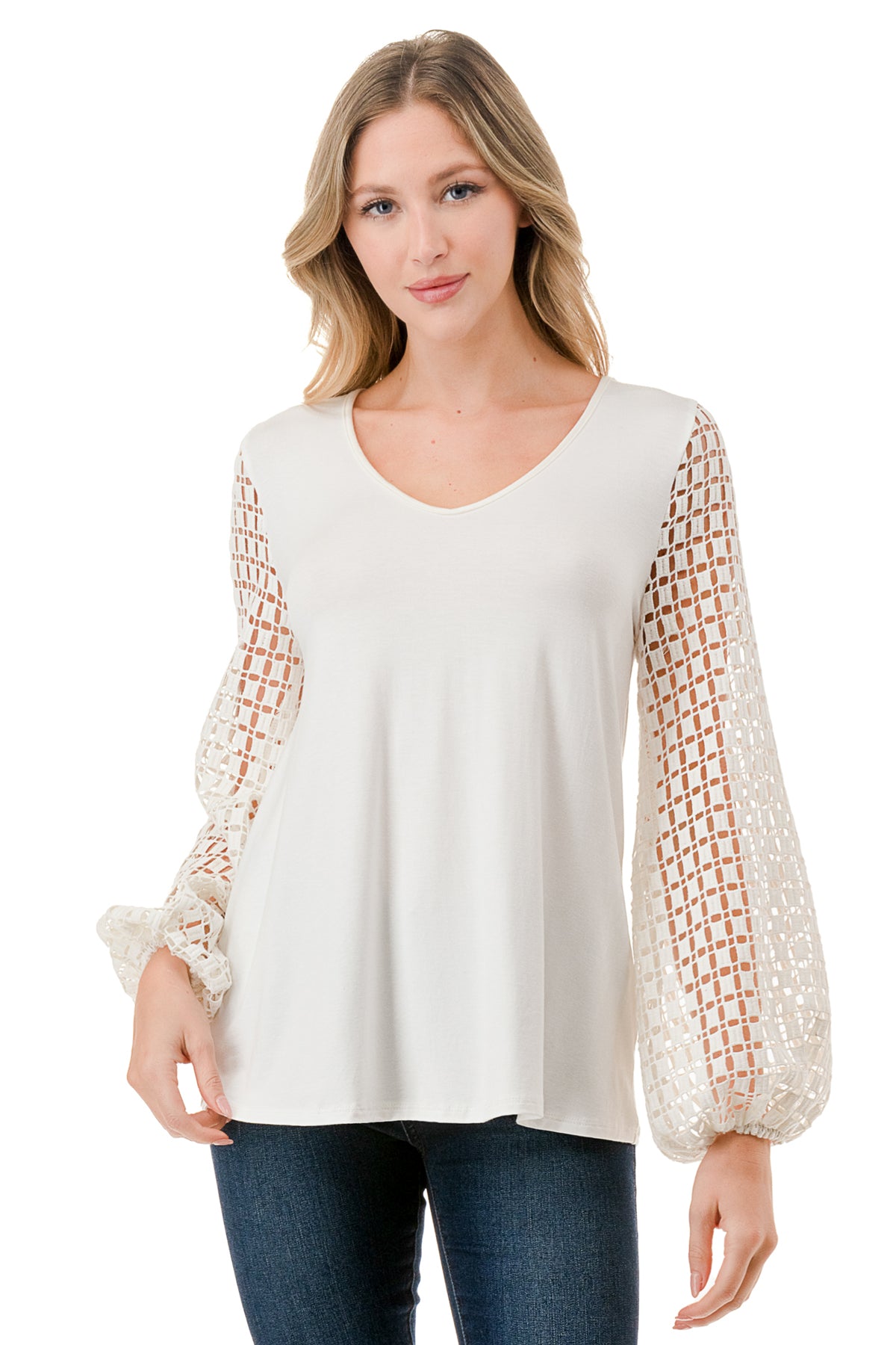 NORAH BUBBLE SLEEVE TOP (IVORY / IVORY SQUARE LACE)- VT3023S
