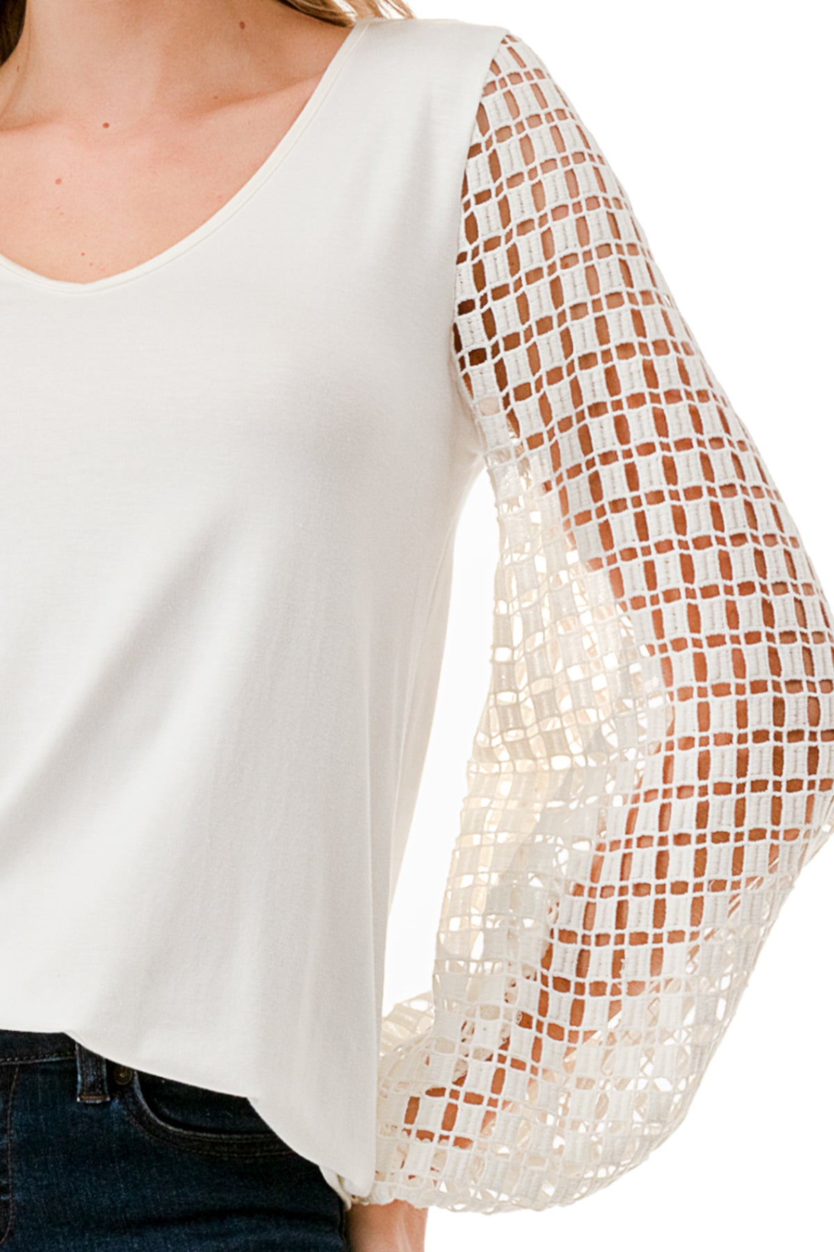 NORAH BUBBLE SLEEVE TOP (IVORY / IVORY SQUARE LACE)- VT3023S