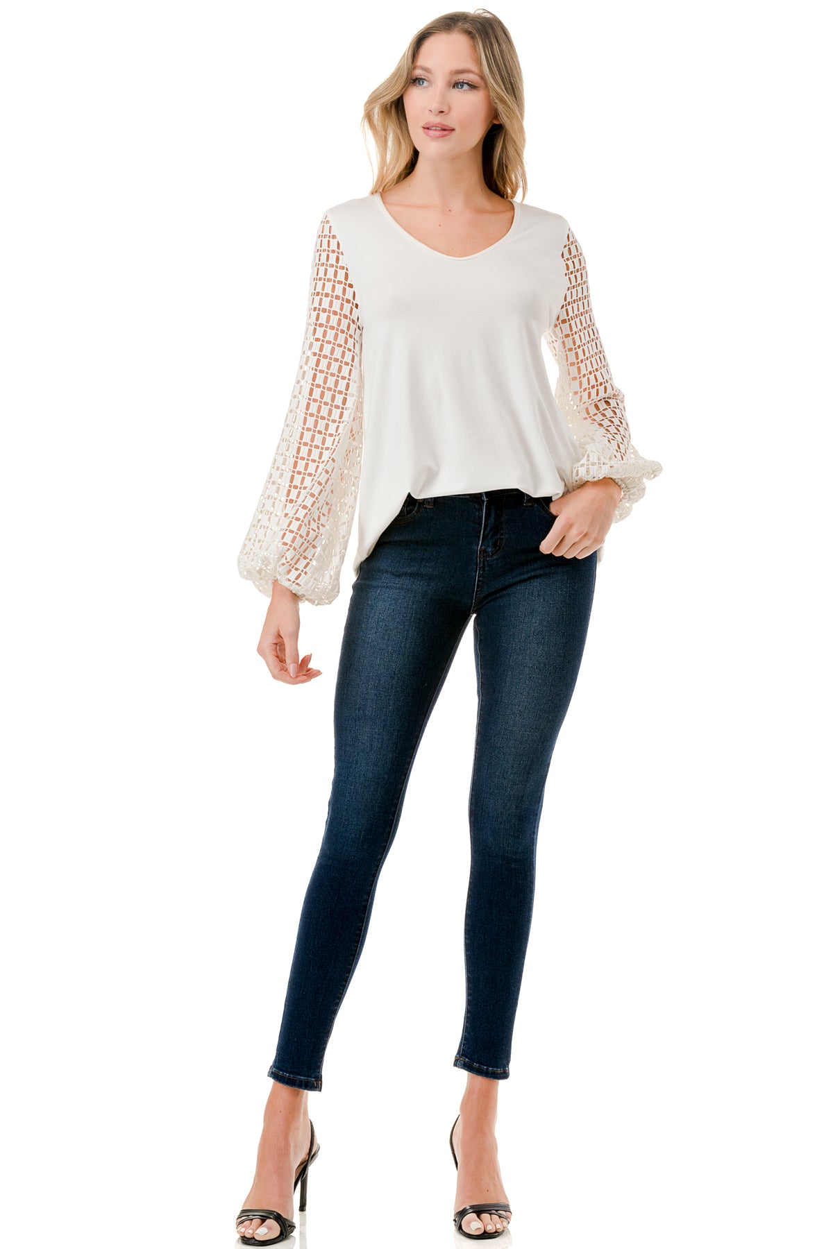 NORAH BUBBLE SLEEVE TOP (IVORY / IVORY SQUARE LACE)- VT3023S