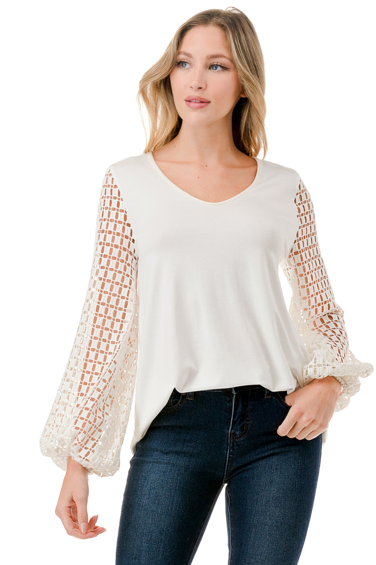 NORAH BUBBLE SLEEVE TOP (IVORY / IVORY SQUARE LACE)- VT3023S