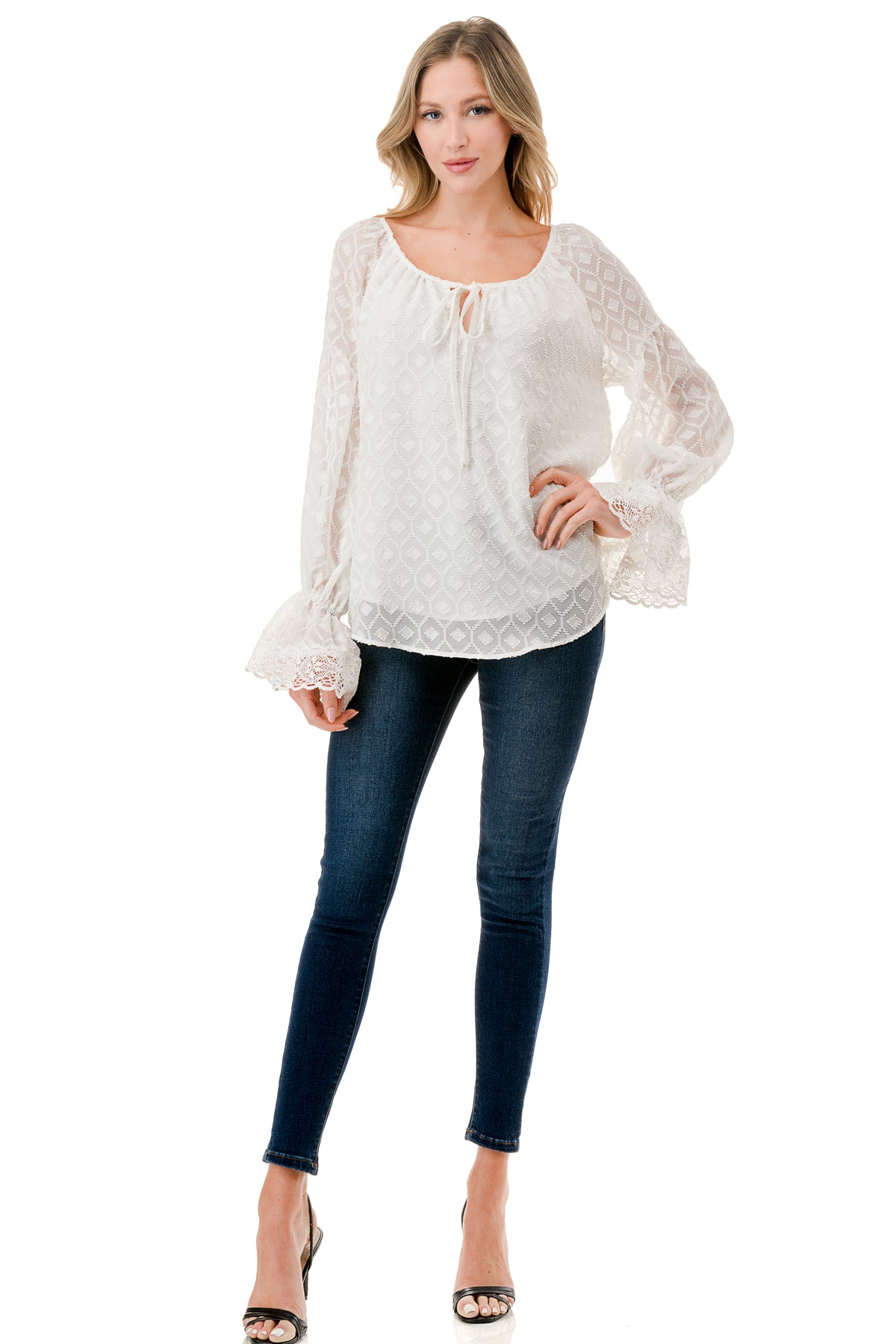 NORAH BUBBLE SLEEVE TOP (IVORY / IVORY SQUARE LACE)- VT3023S