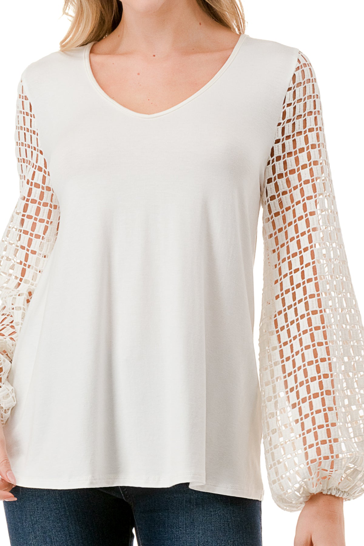 NORAH BUBBLE SLEEVE TOP (IVORY / IVORY SQUARE LACE)- VT3023S