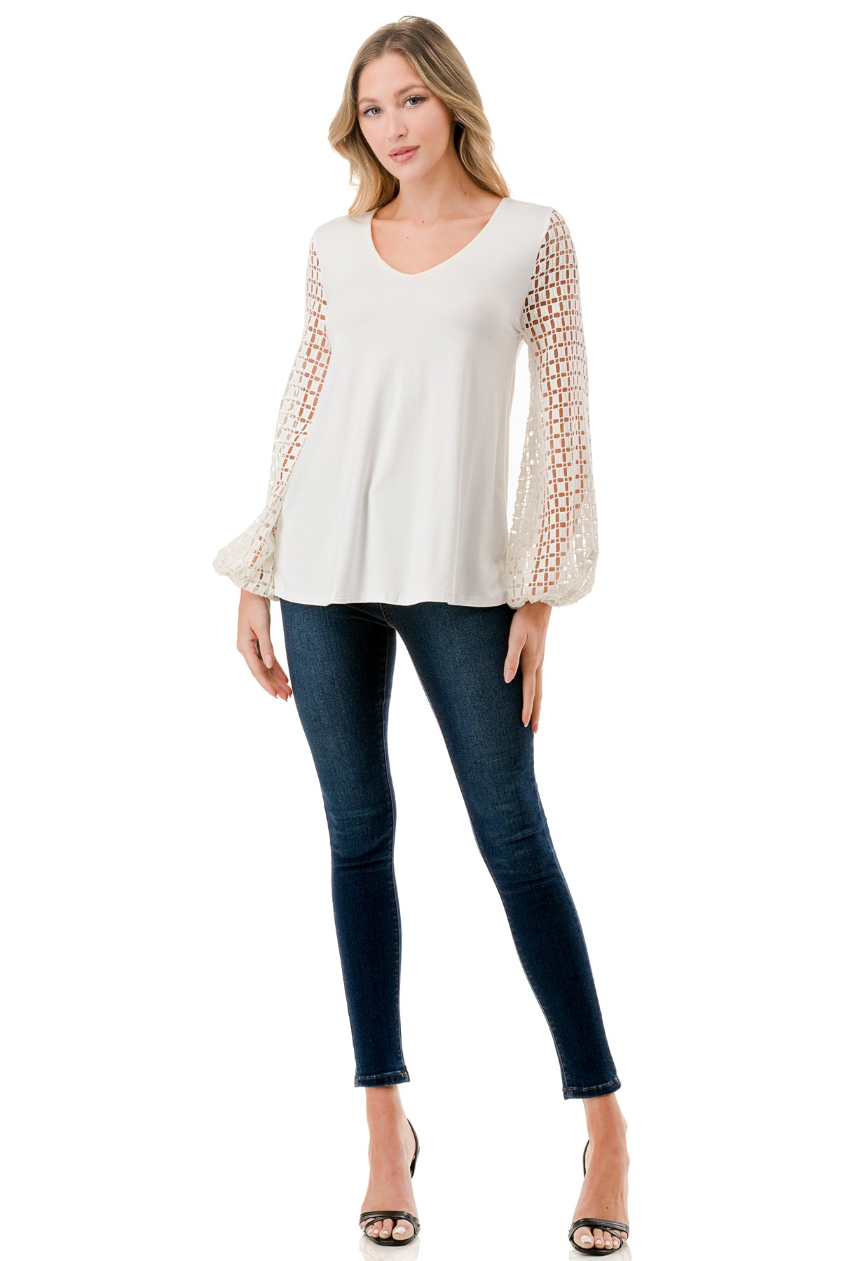 NORAH BUBBLE SLEEVE TOP (IVORY / IVORY SQUARE LACE)- VT3023S