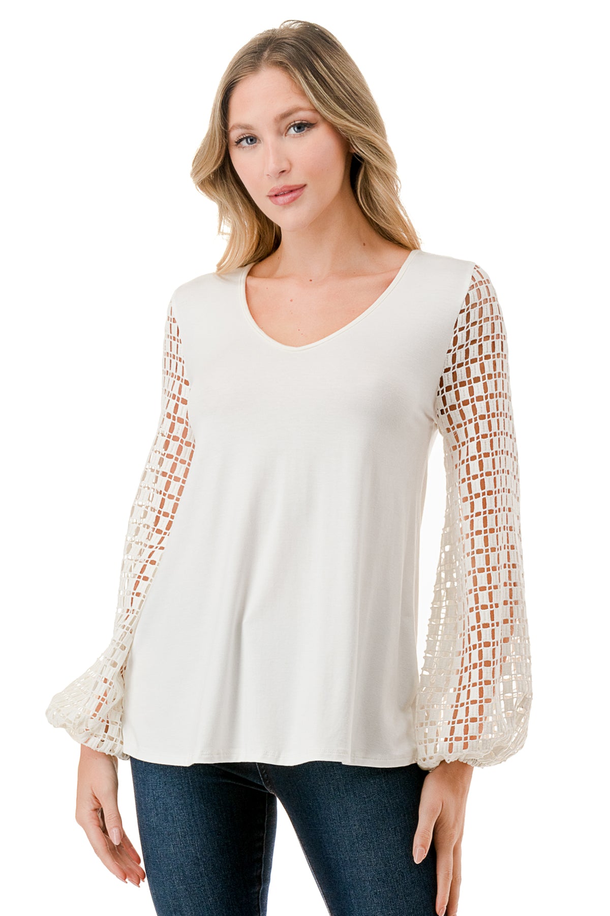NORAH BUBBLE SLEEVE TOP (IVORY / IVORY SQUARE LACE)- VT3023S