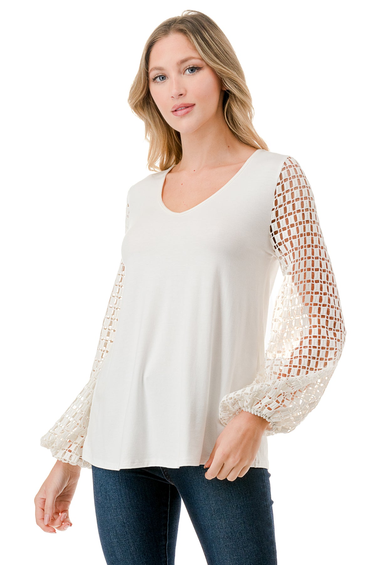 NORAH BUBBLE SLEEVE TOP (IVORY / IVORY SQUARE LACE)- VT3023S