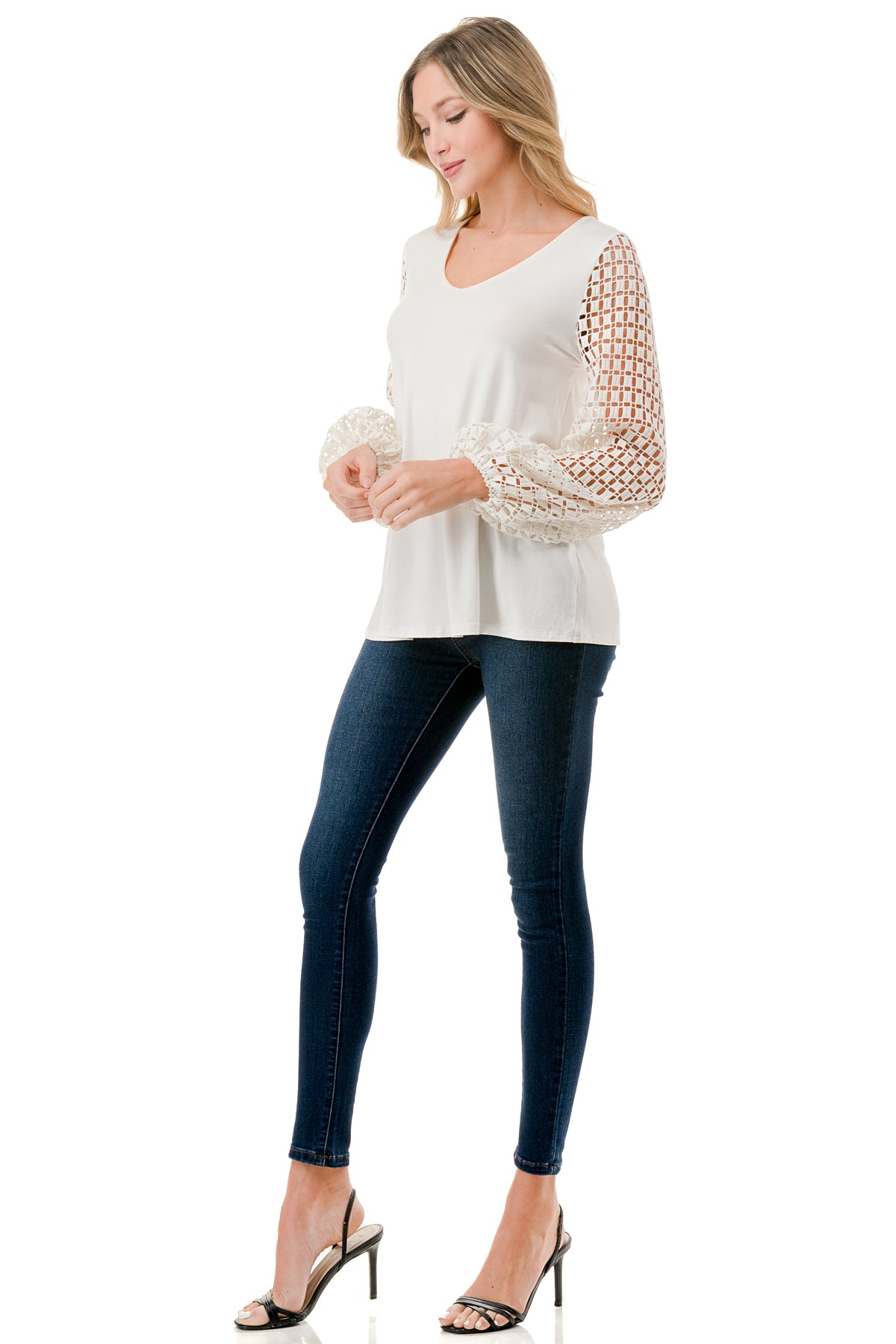 NORAH BUBBLE SLEEVE TOP (IVORY / IVORY SQUARE LACE)- VT3023S