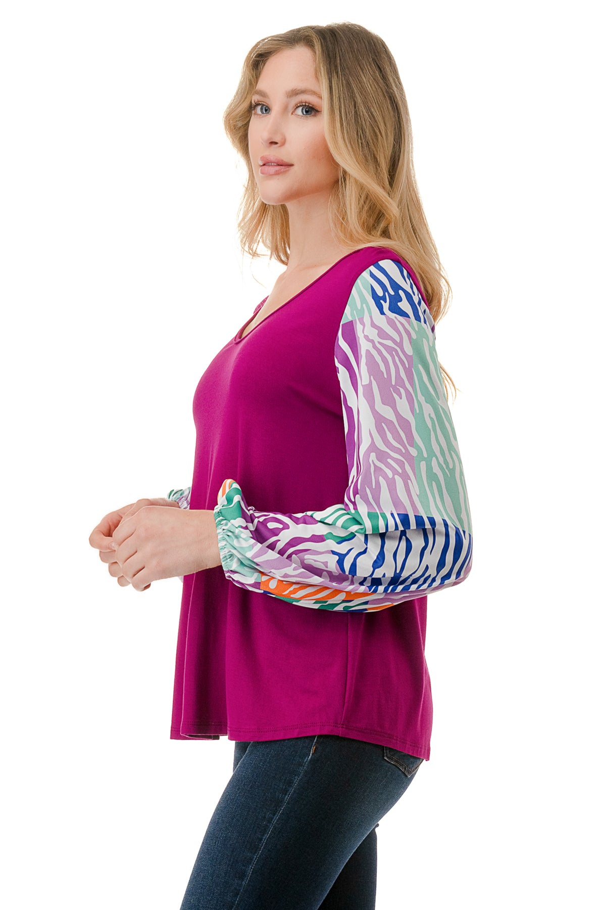 NORAH BUBBLE SLEEVE TOP (MAGENTA / MULTI ZEBRA)- VT3023S
