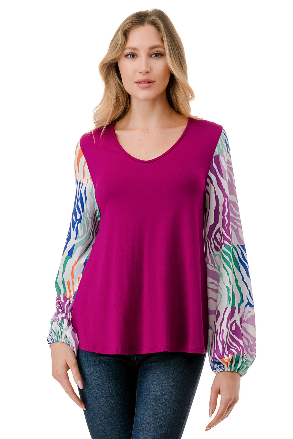 NORAH BUBBLE SLEEVE TOP (MAGENTA / MULTI ZEBRA)- VT3023S