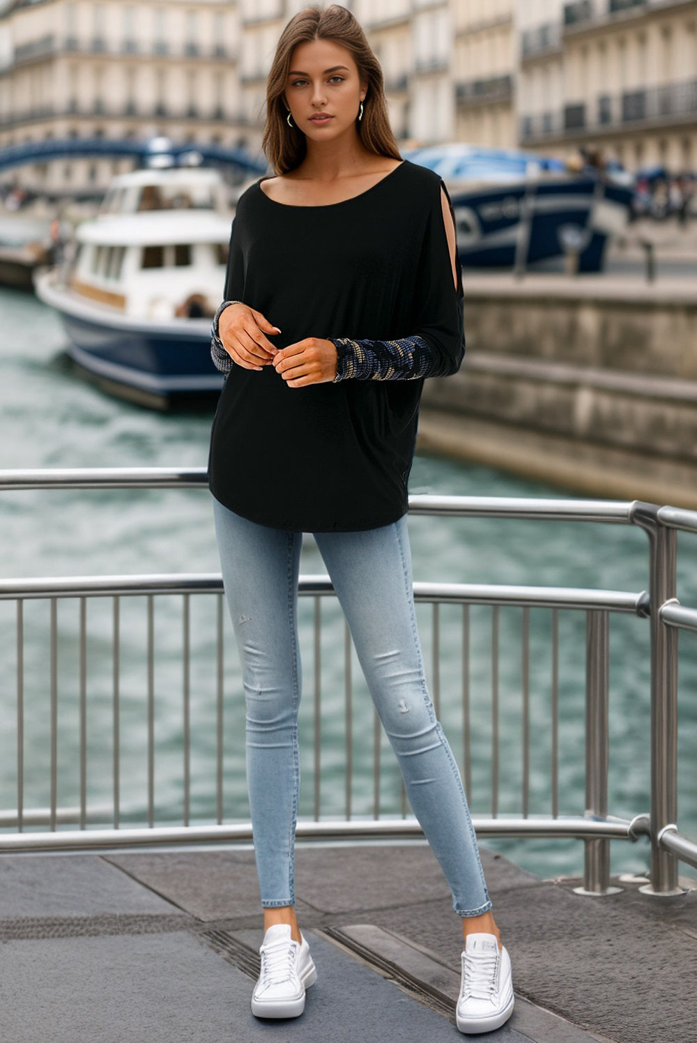 MILLIE SMOKING CUFFS TOP (BLACK / BLUE CAMO)- VT3041