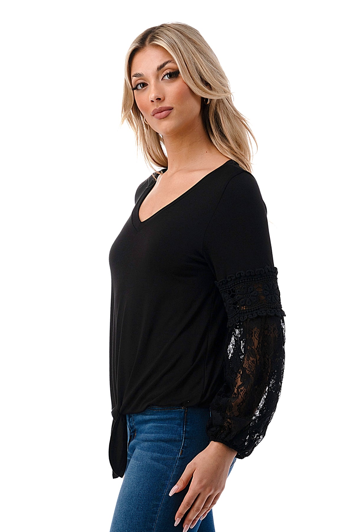 CLAIRE V NECK FRONT TIE TOP (BLACK/ BLACK LACE)-VT3044