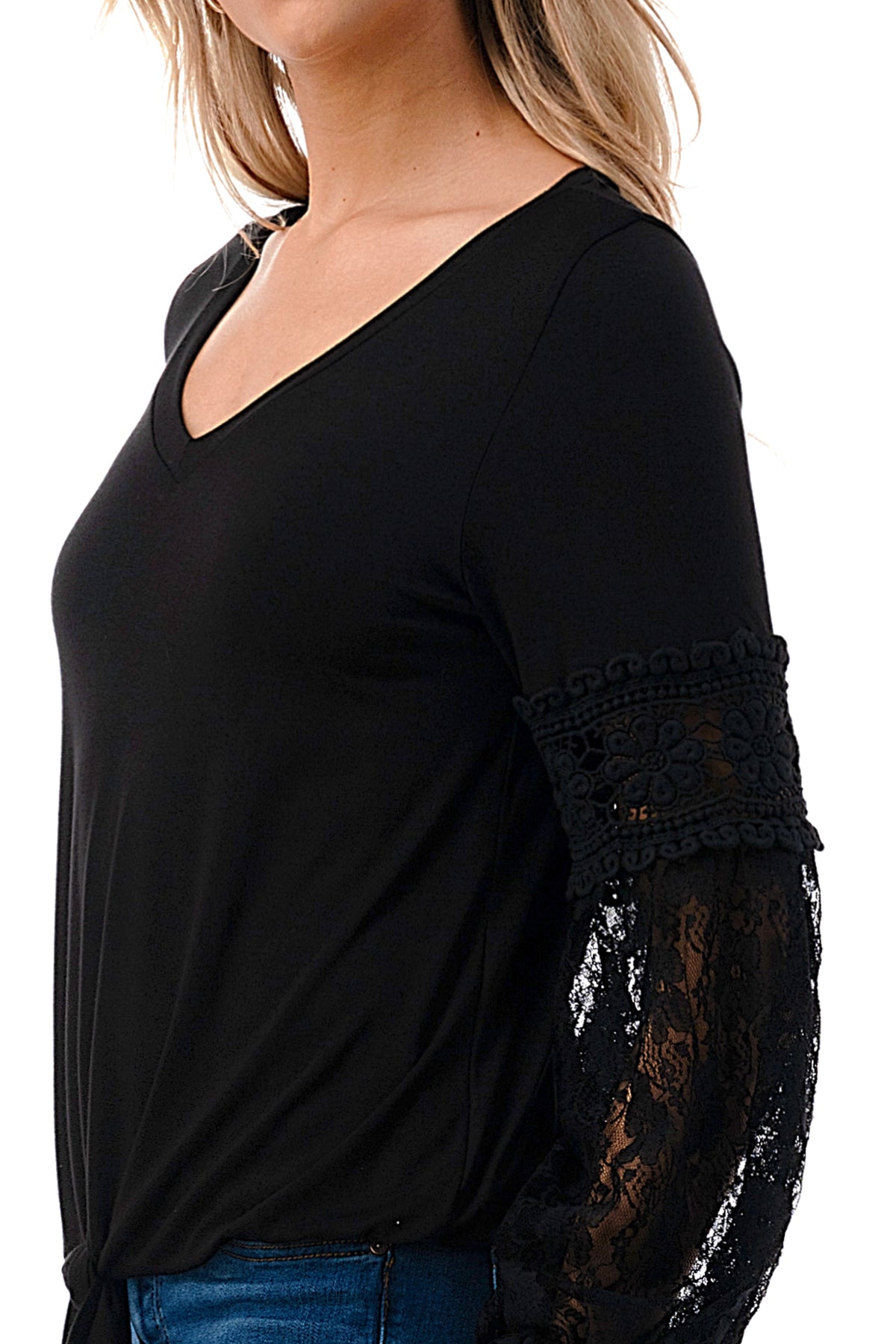 CLAIRE V NECK FRONT TIE TOP (BLACK/ BLACK LACE)-VT3044