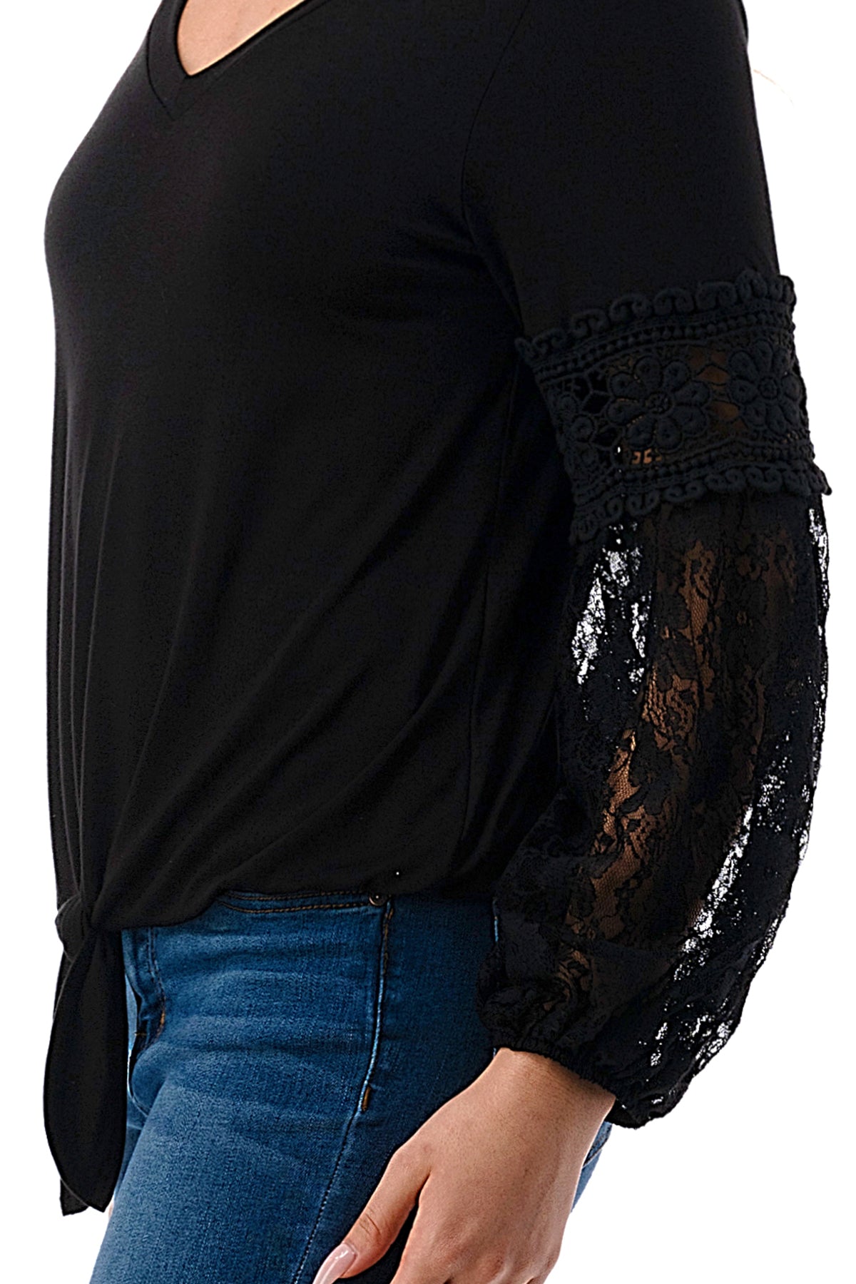 CLAIRE V NECK FRONT TIE TOP (BLACK/ BLACK LACE)-VT3044