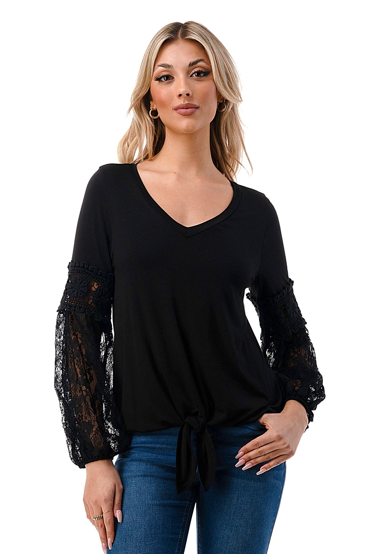 CLAIRE V NECK FRONT TIE TOP (BLACK/ BLACK LACE)-VT3044