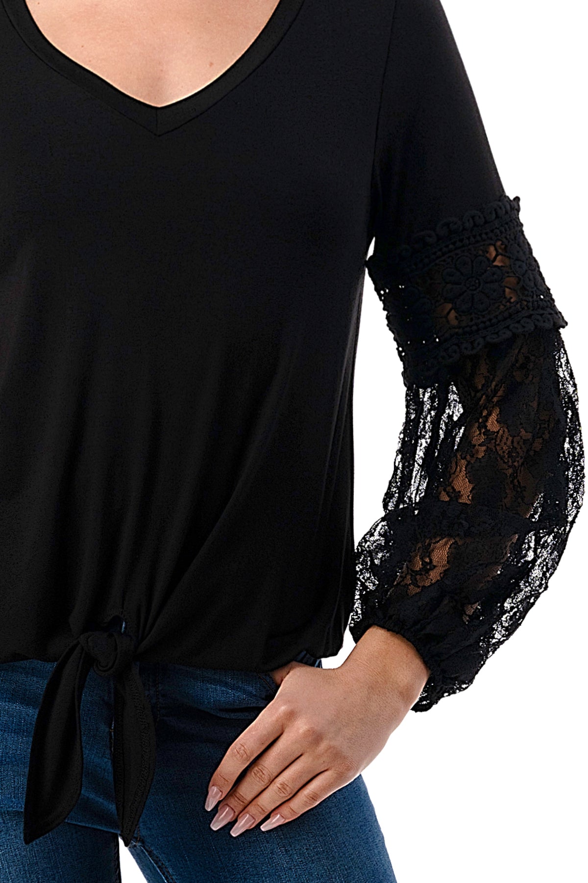 CLAIRE V NECK FRONT TIE TOP (BLACK/ BLACK LACE)-VT3044