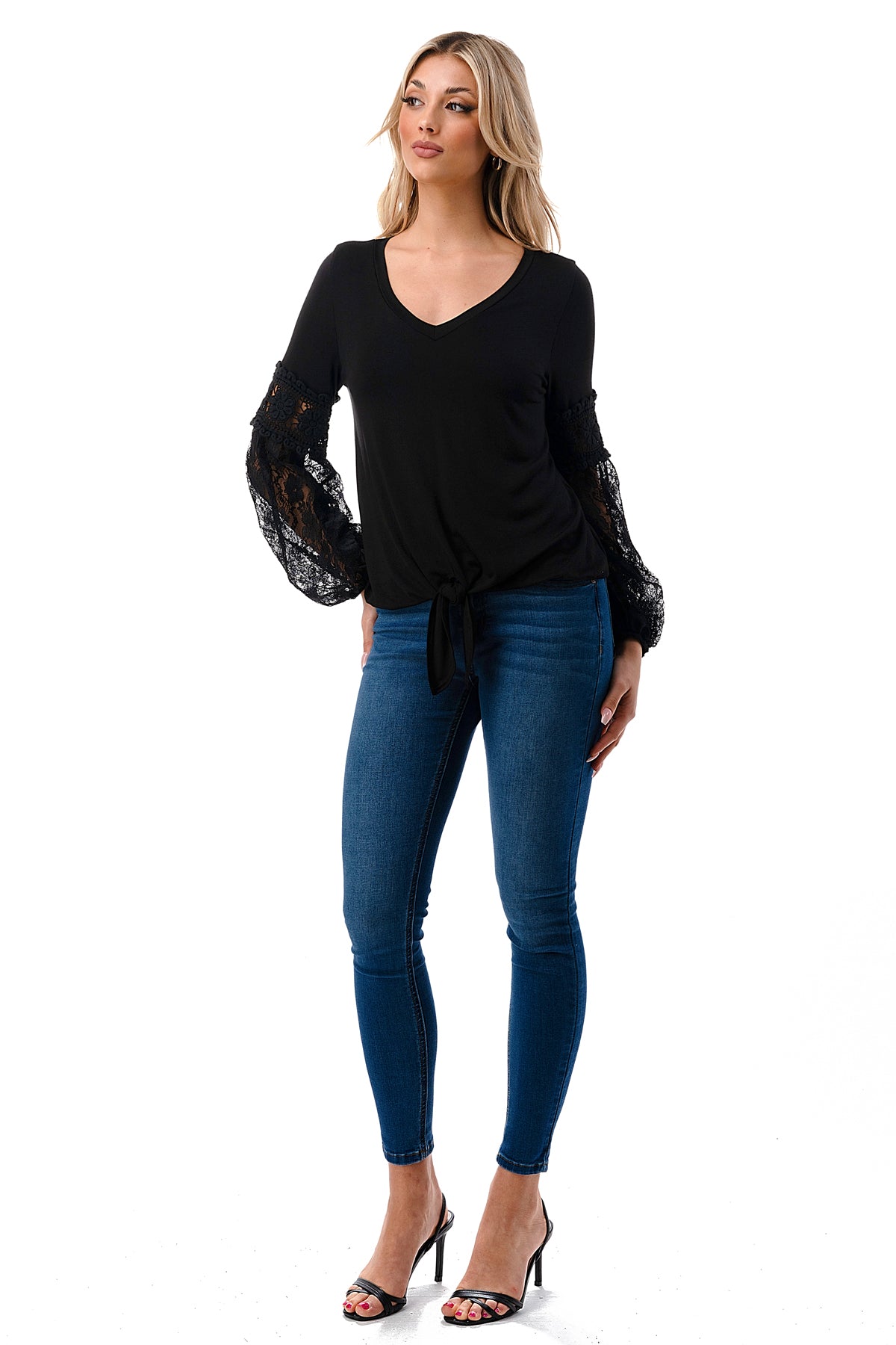 CLAIRE V NECK FRONT TIE TOP (BLACK/ BLACK LACE)-VT3044