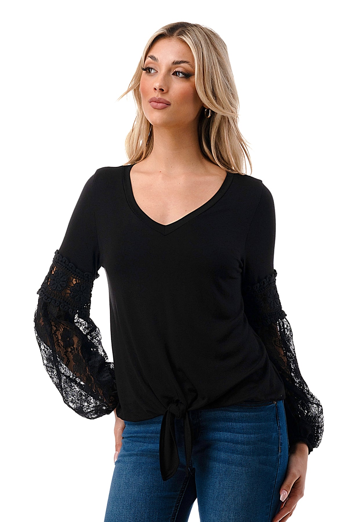 CLAIRE V NECK FRONT TIE TOP (BLACK/ BLACK LACE)-VT3044