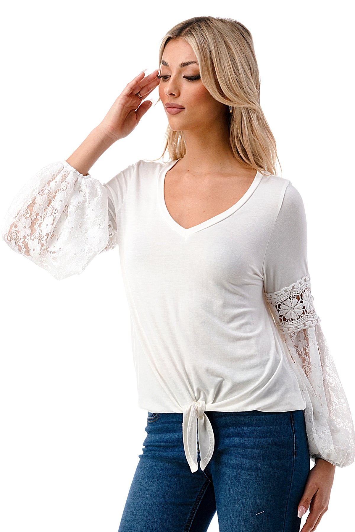 CLAIRE V NECK FRONT TIE TOP (IVORY/ IVORY LACE)-VT3044