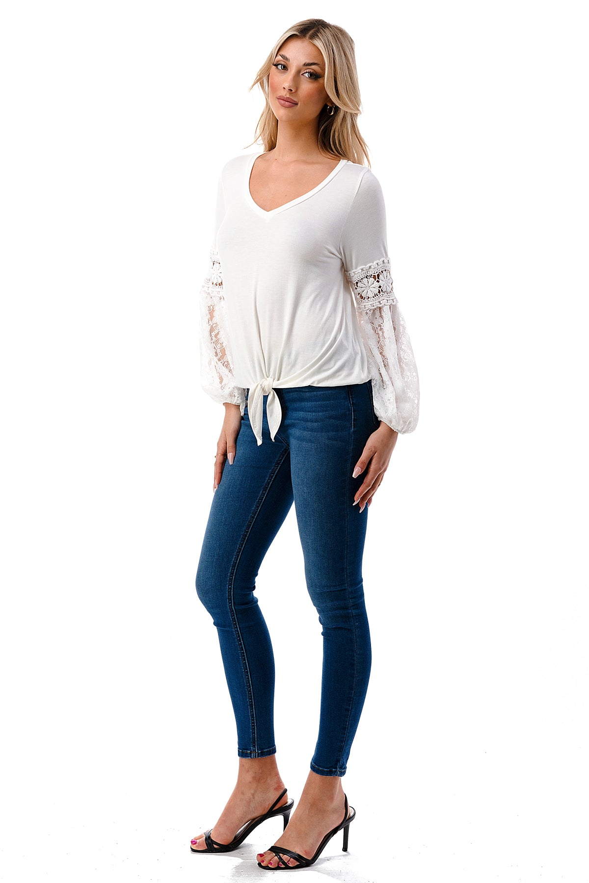 CLAIRE V NECK FRONT TIE TOP (IVORY/ IVORY LACE)-VT3044