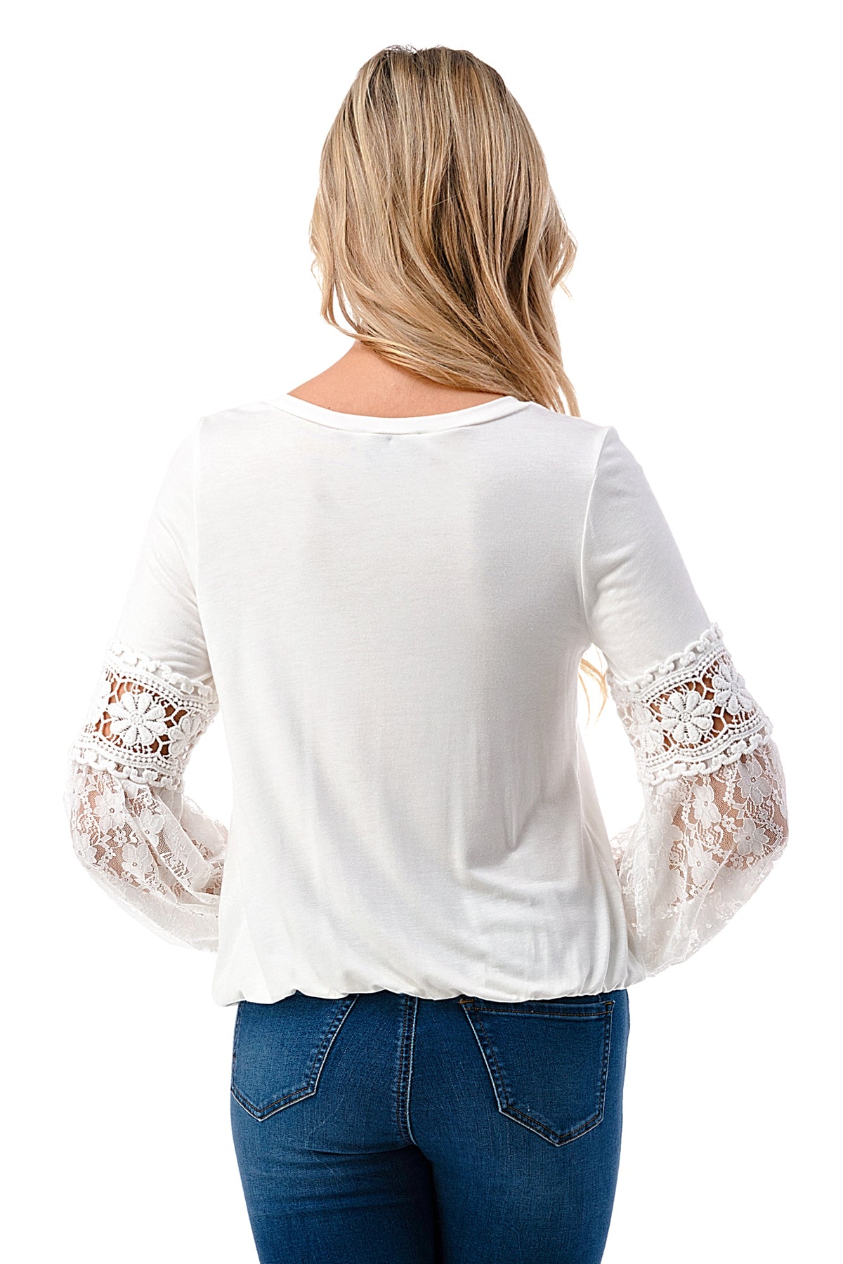 CLAIRE V NECK FRONT TIE TOP (IVORY/ IVORY LACE)-VT3044